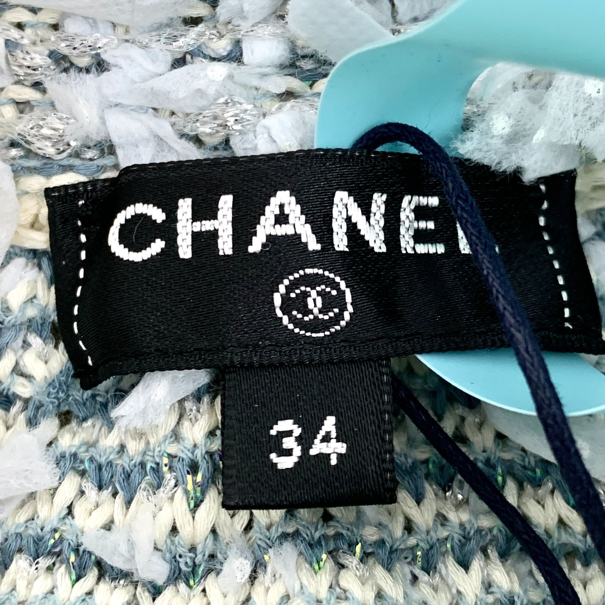 Chanel Light Blue Cotton Fringed Floral Patchwork Tweed Skir