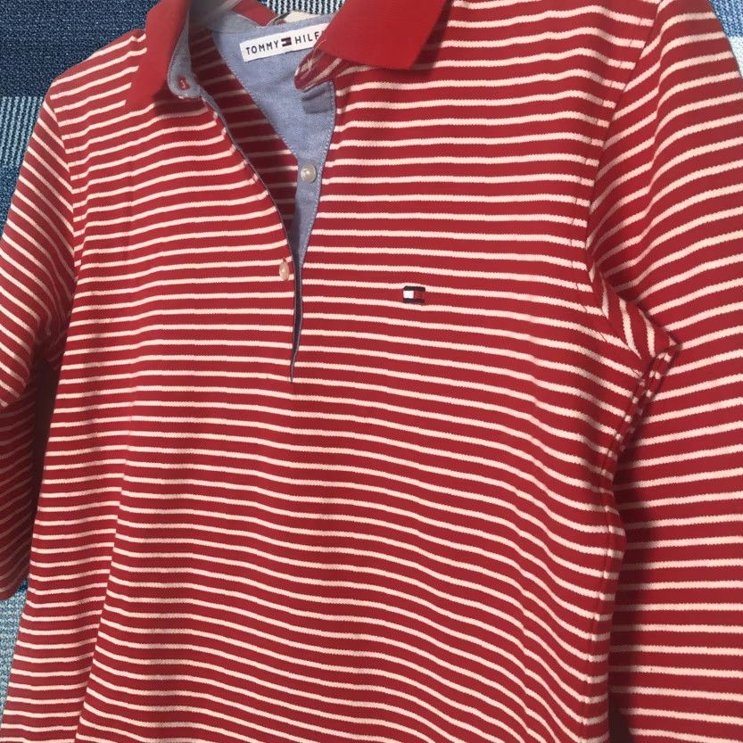 Tommy Hilfiger Tommy Hilfiger Womens M Medium Red Stripe 3/4 Sleeve Polo Shirt Casual Top Knit Button Hem Regular Womens Size M / US 6-8 / IT 42-44 - 1 Thumbnail