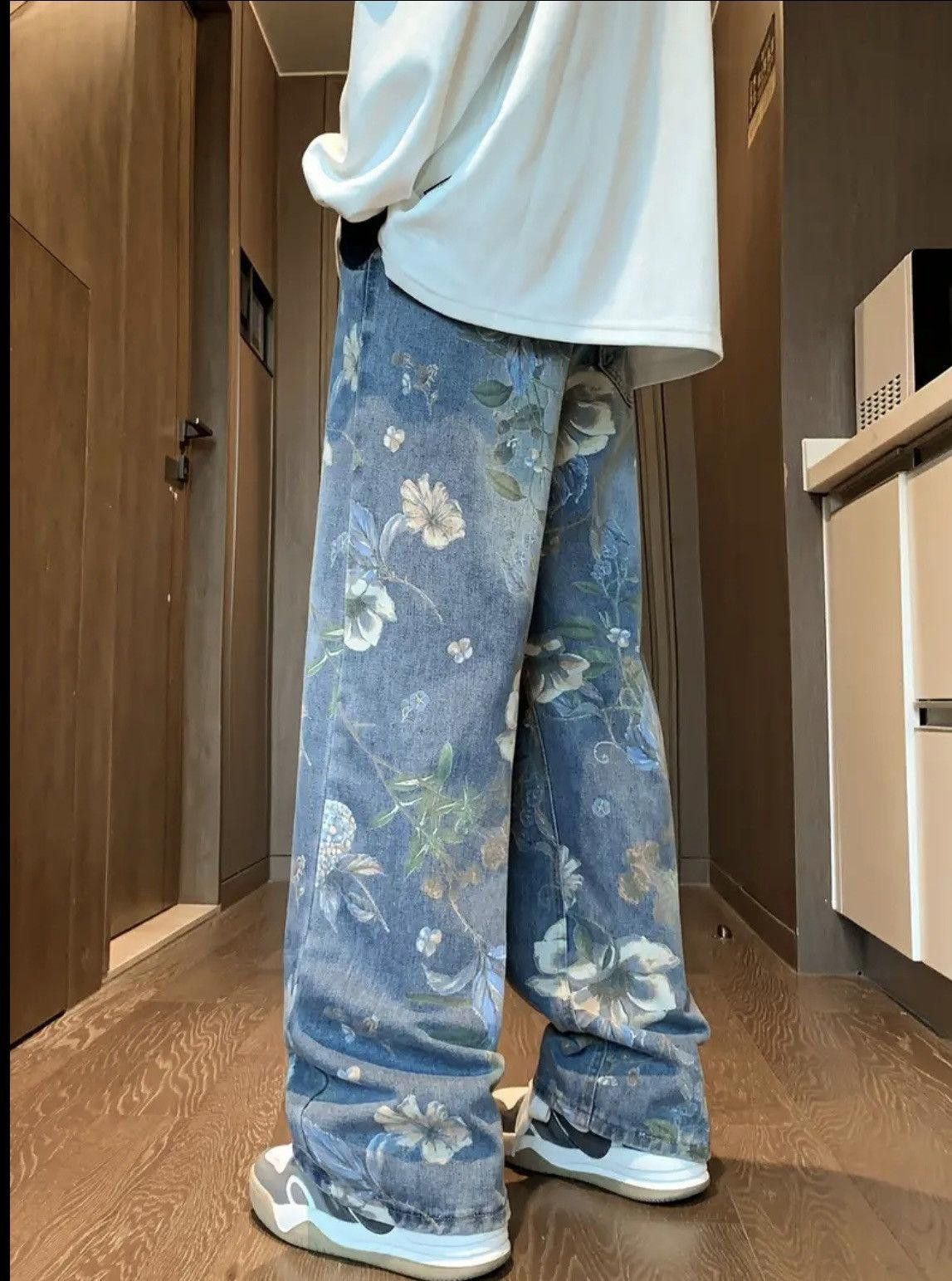 Vintage Floral Graphic Wide Leg Denim Jeans Size US 30 / EU 46 - 2 Thumbnail