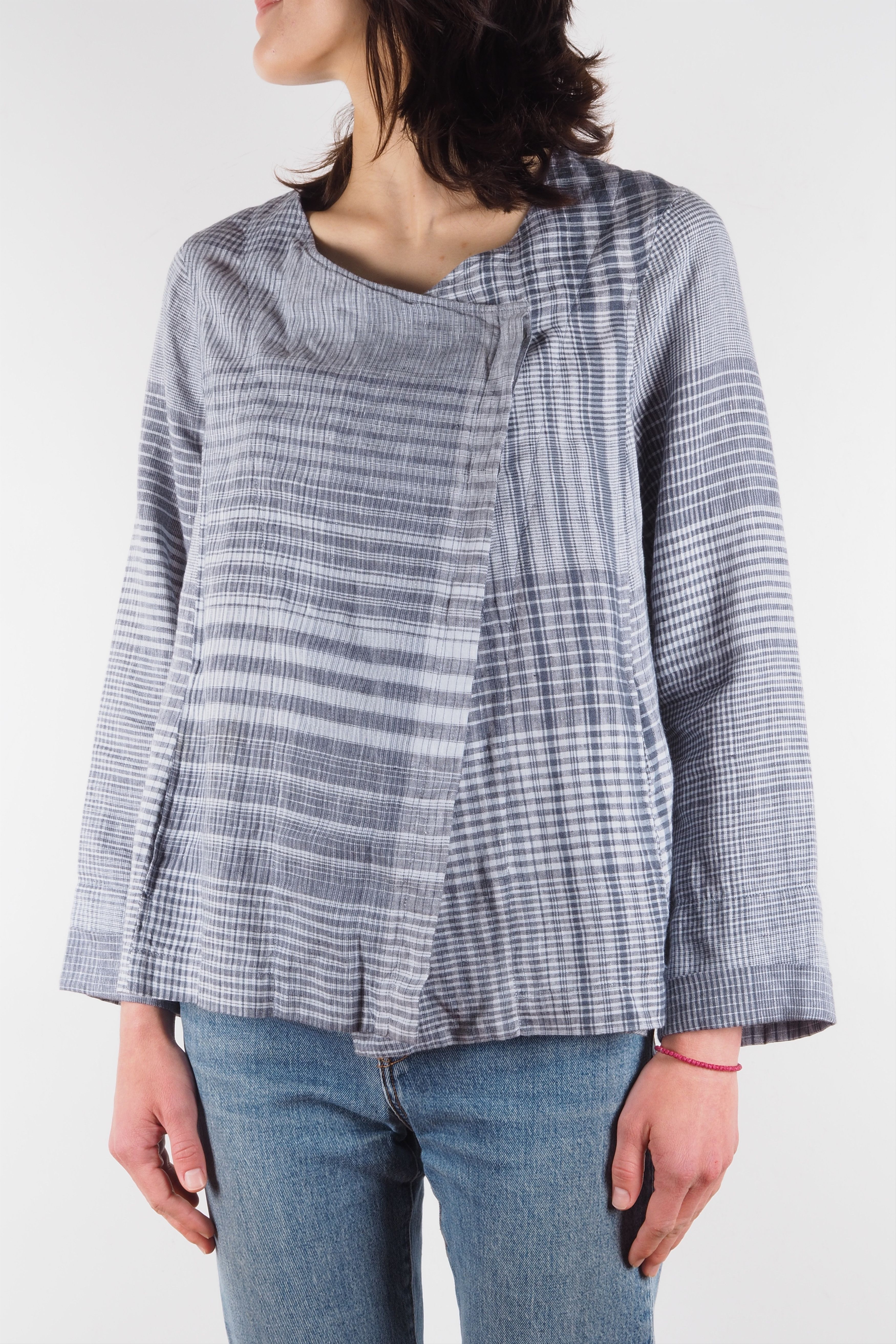 Designer × Rundholz × Sarah Pacini Oska Lightweight Gray Blue Check Linen Coat Jacket Size XS / US 0-2 / IT 36-38 - 2 Thumbnail