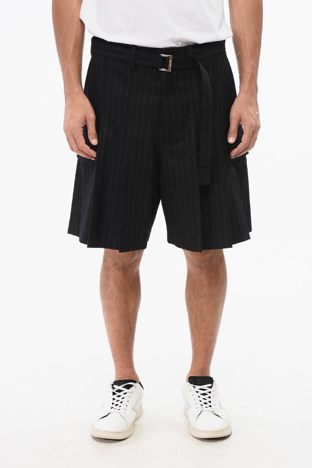 Chalk-Stripe Wool Shorts With Belt And Pleats