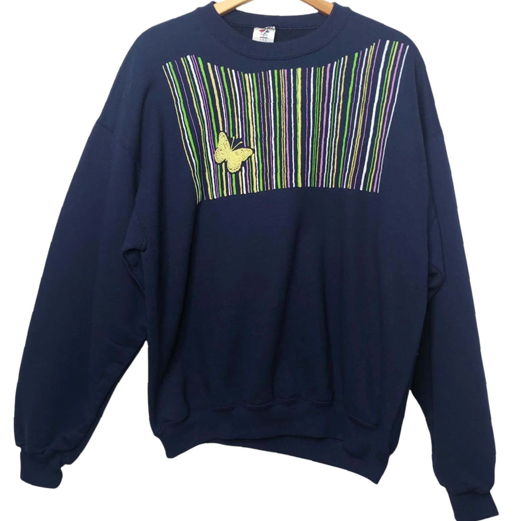 Jerzees VINTAGE 1990s Sweatshirt Women L Blue Butterfly Nature Cottagecore JERZEES Crew Neck Knit Pullover Size L / US 10 / IT 46 - 2 Thumbnail