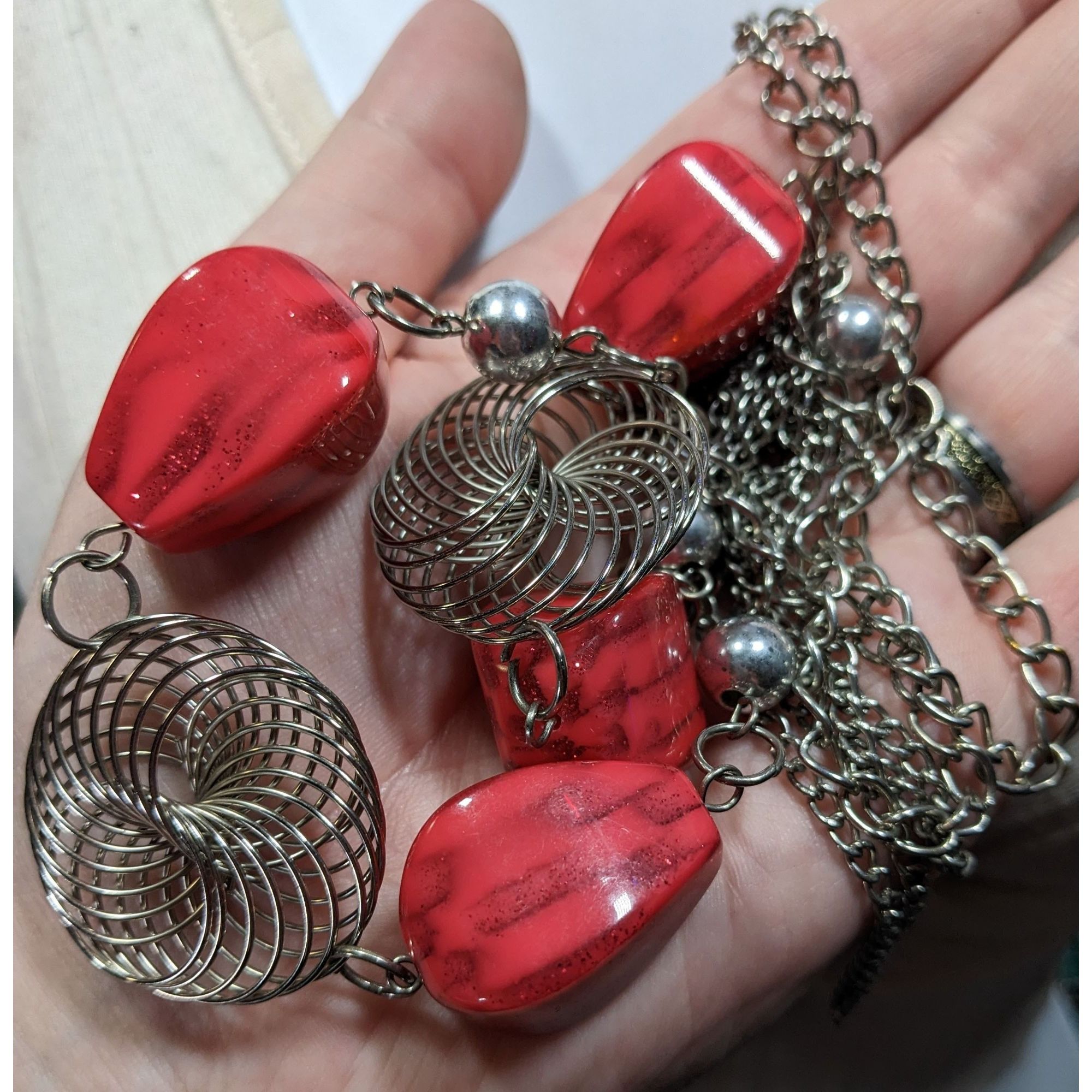 Other Funky Red Glitter Beaded Station Necklace With Silver Tone C Size ONE SIZE - 3 Thumbnail