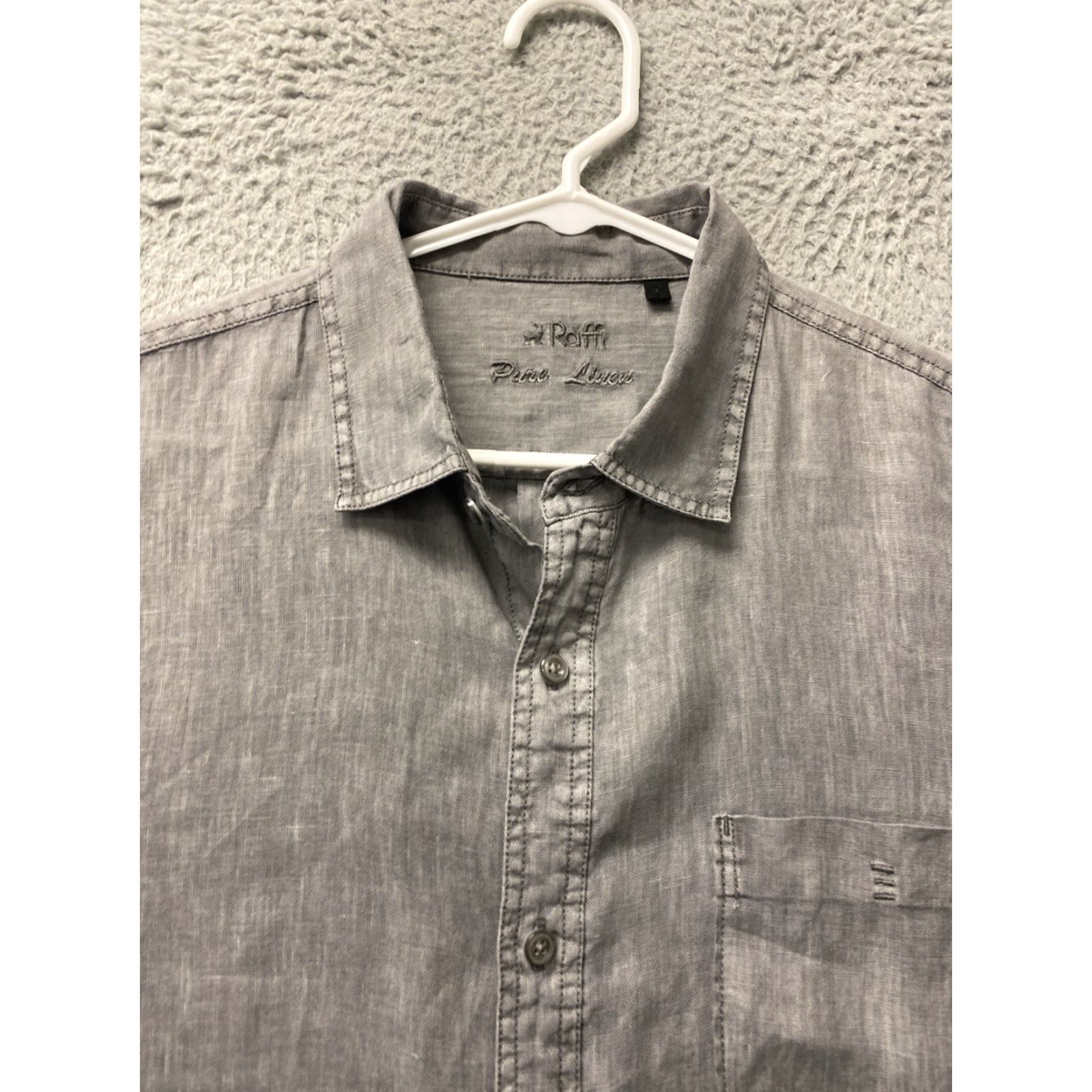 Vintage VINTAGE Raffi Men's Linen Dress Shirt Sz Large Gray Button-Up Casual Business Party Cocktail Fall Winter Spring Mens Size 42R - 3 Thumbnail