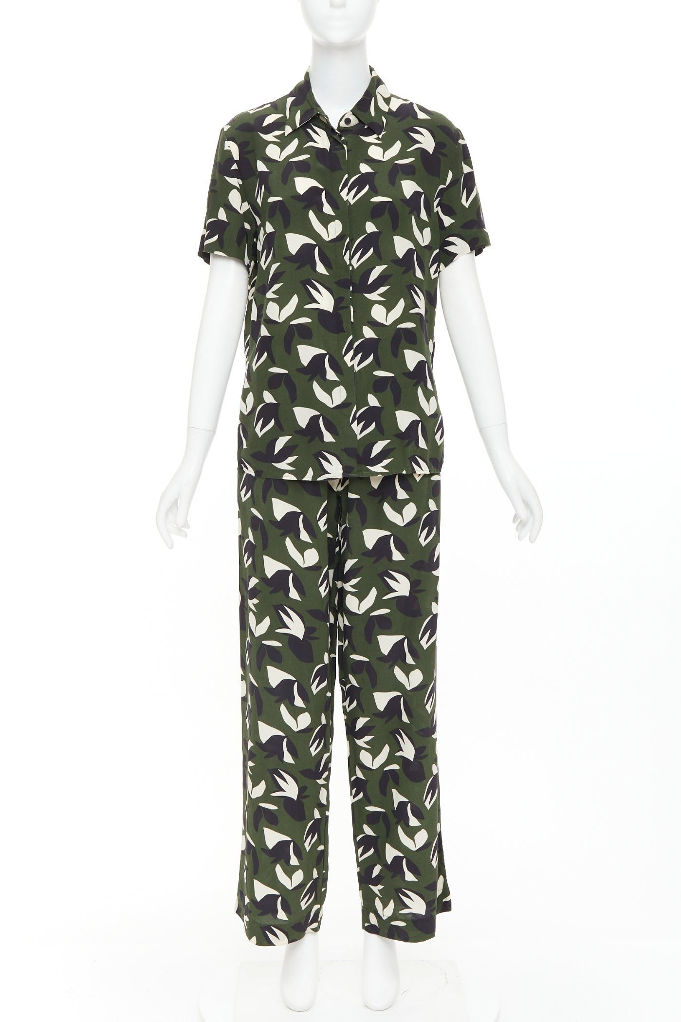 Matteau MATTEAU 100% silk green black geometric print shirt pant set UK6 XS Size 27" / US 4 / IT 40 - 1 Thumbnail
