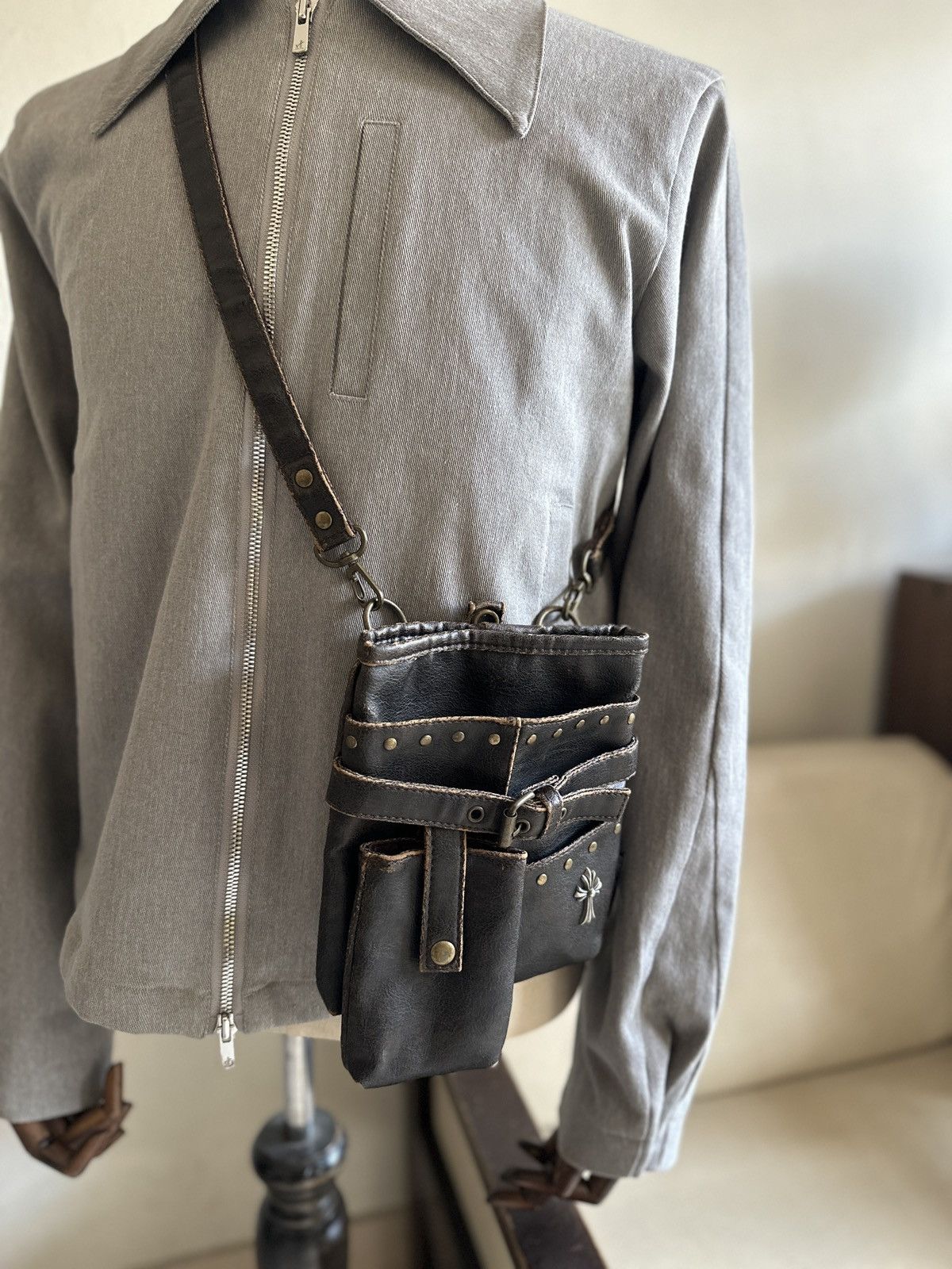 If Six Was Nine x Le Grande Bleu L G B 2000S Fabric Connection Cross Logo Leather Sling Bag in Black