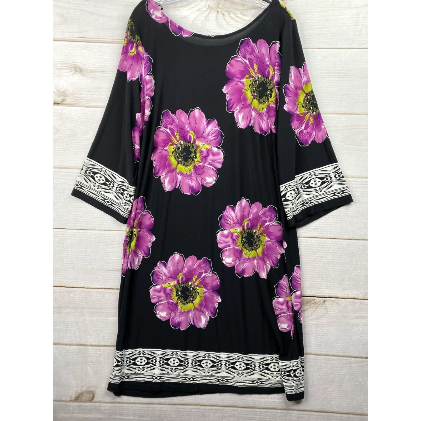 Vintage VOLT Voir Voir Dress 18 Black Floral Boat Neck 3/4 Sleeve Stretch Liquid Knit Midi Dress Womens Size XXL / US 16-18 / IT 52-54 - 3 Thumbnail