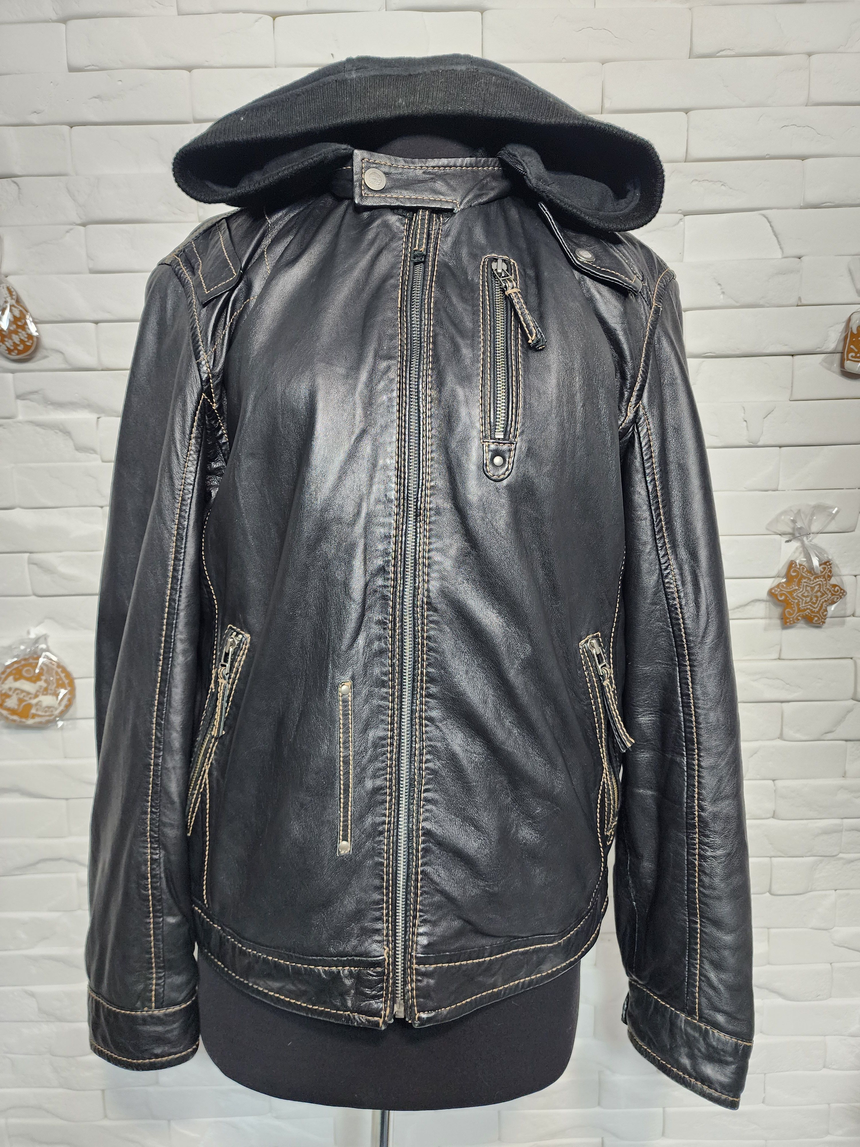 Genuine Leather Men's Black Leather Hooded Jacket: Knitted Collar & Hood. Size US L / EU 52-54 / 3 - 1 Thumbnail