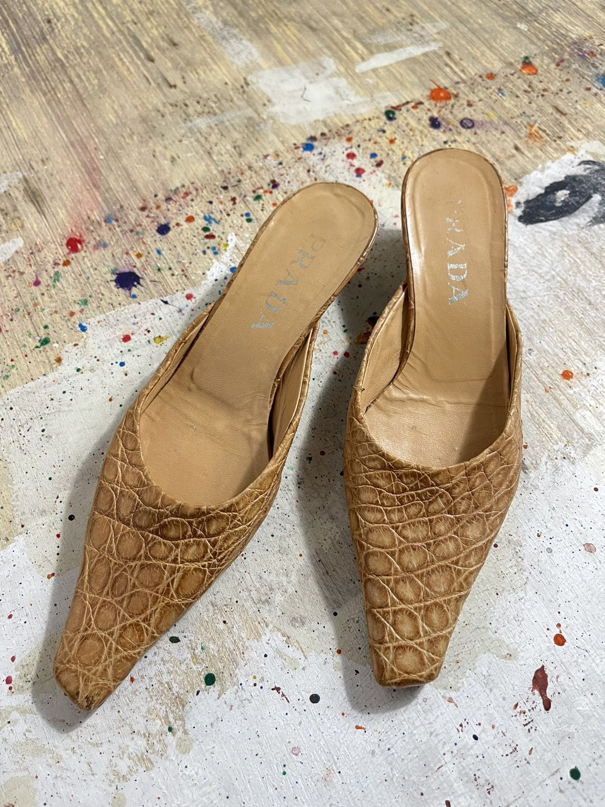 Prada Prada Tan Leather Crocodile Pattern Mules Size US 7 / IT 37 - 1 Thumbnail