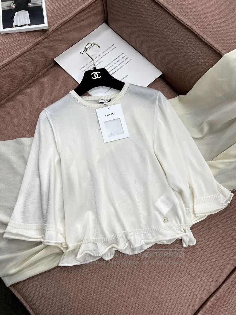 Chanel White ruffle logo large double C ice silk long slee