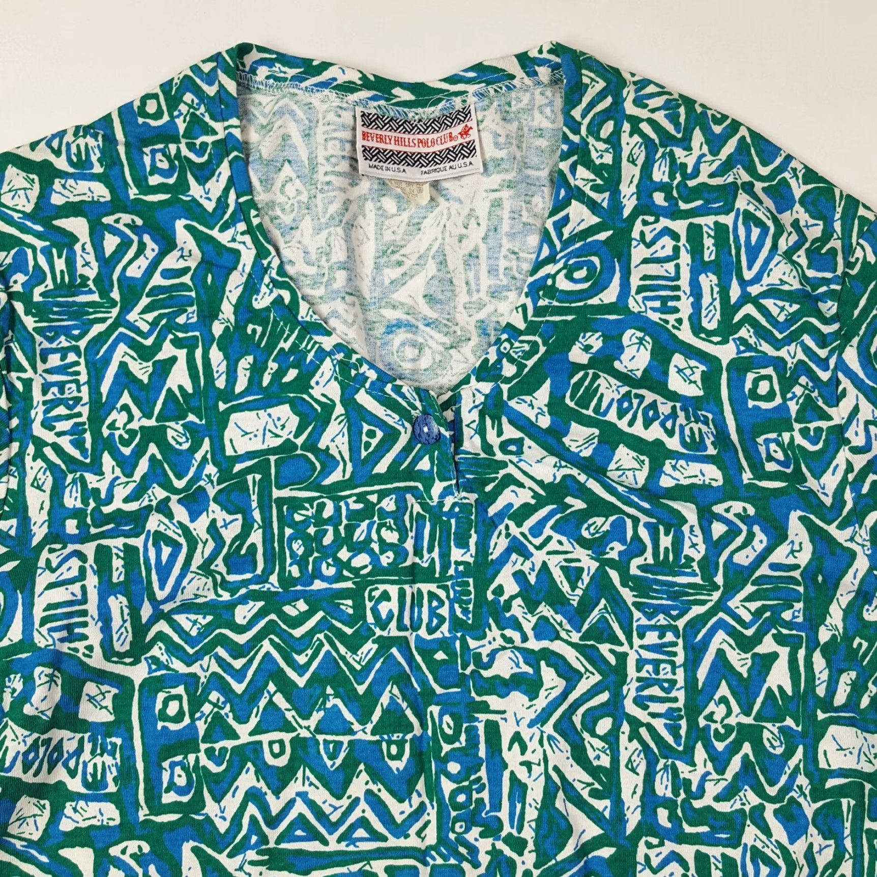 Beverly Hills Polo Club VINTAGE Aztec Teal Beverly Hills Polo Club T-Shirt Womens Medium Short Sleeve Henley Beach Art 90s Vintage Retro 90s Beach Shirt Womens M Green Top Size M / US 6-8 / IT 42-44 - 2 Thumbnail