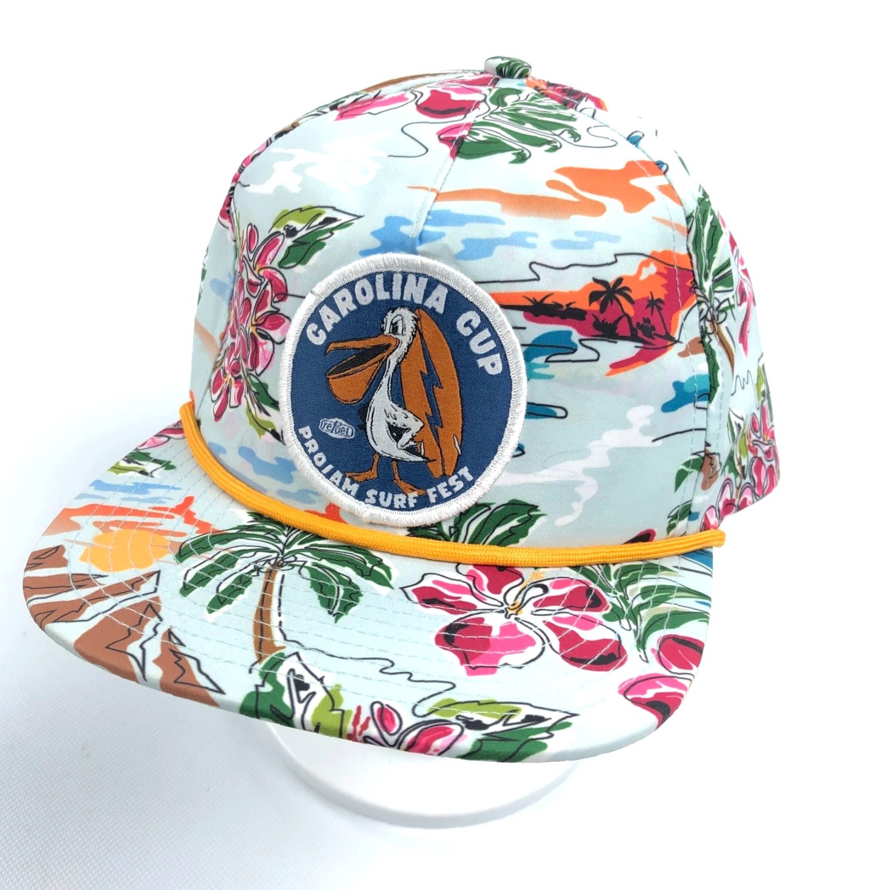 Vintage Livin Hooked Hat Snapback Flat Brim Tropical Floral Graphic Rope Detail Surf Pelican Size ONE SIZE - 2 Thumbnail