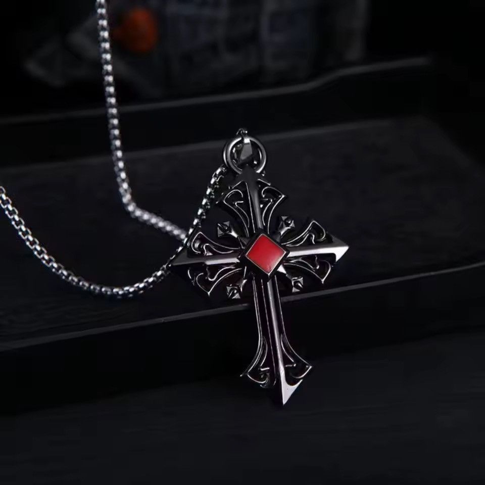 Japanese Brand Goth Cross Necklace - Red Stone Inlay - Size ONE SIZE - 2 Thumbnail