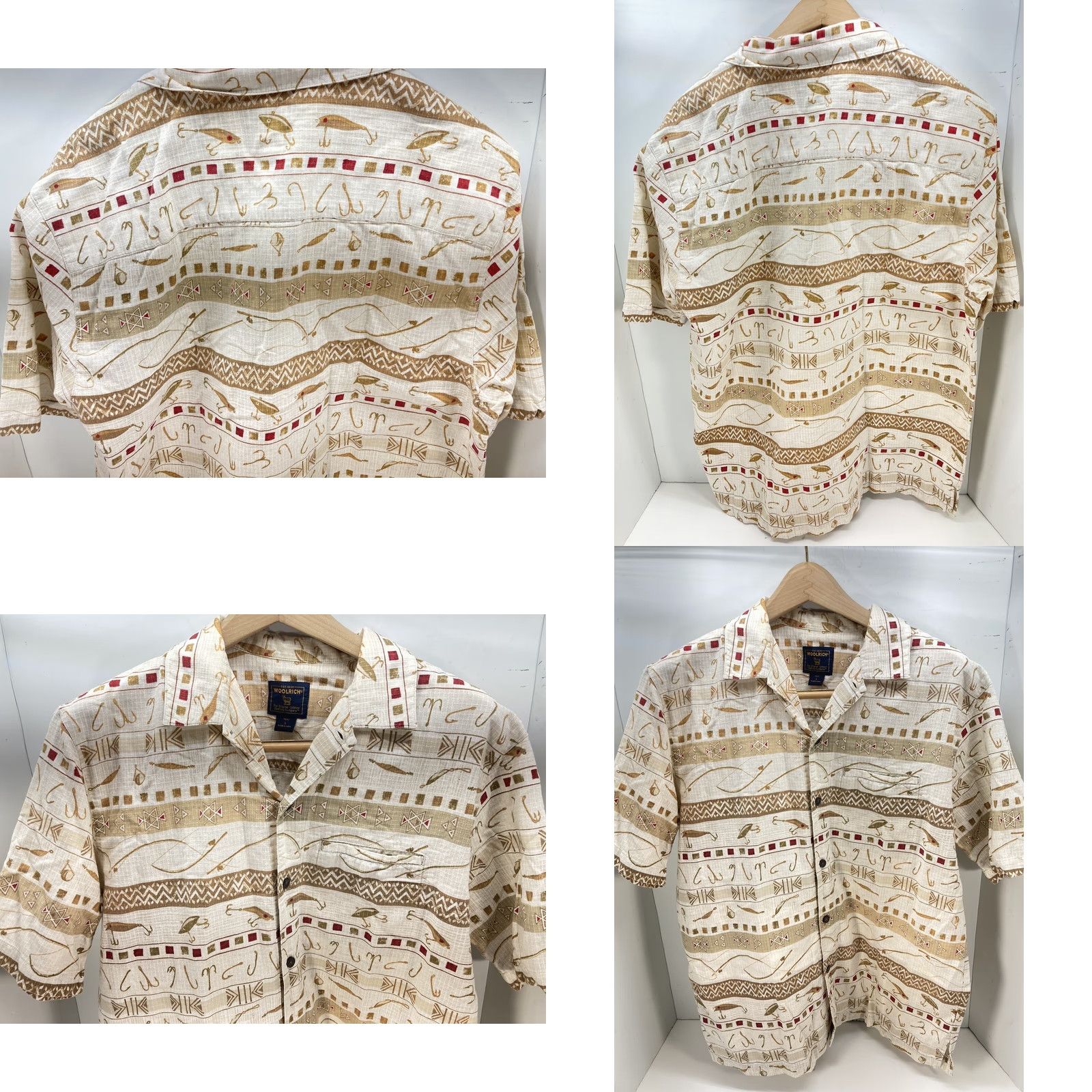 Vintage Woolrich Shirt Mens Short Sleeve Button-Up Fish Lure Hooks All Over Print Size LARGE Beige Cotton Regular Button-Down Collar Men Fish Theme Size US 33 - 8 Thumbnail