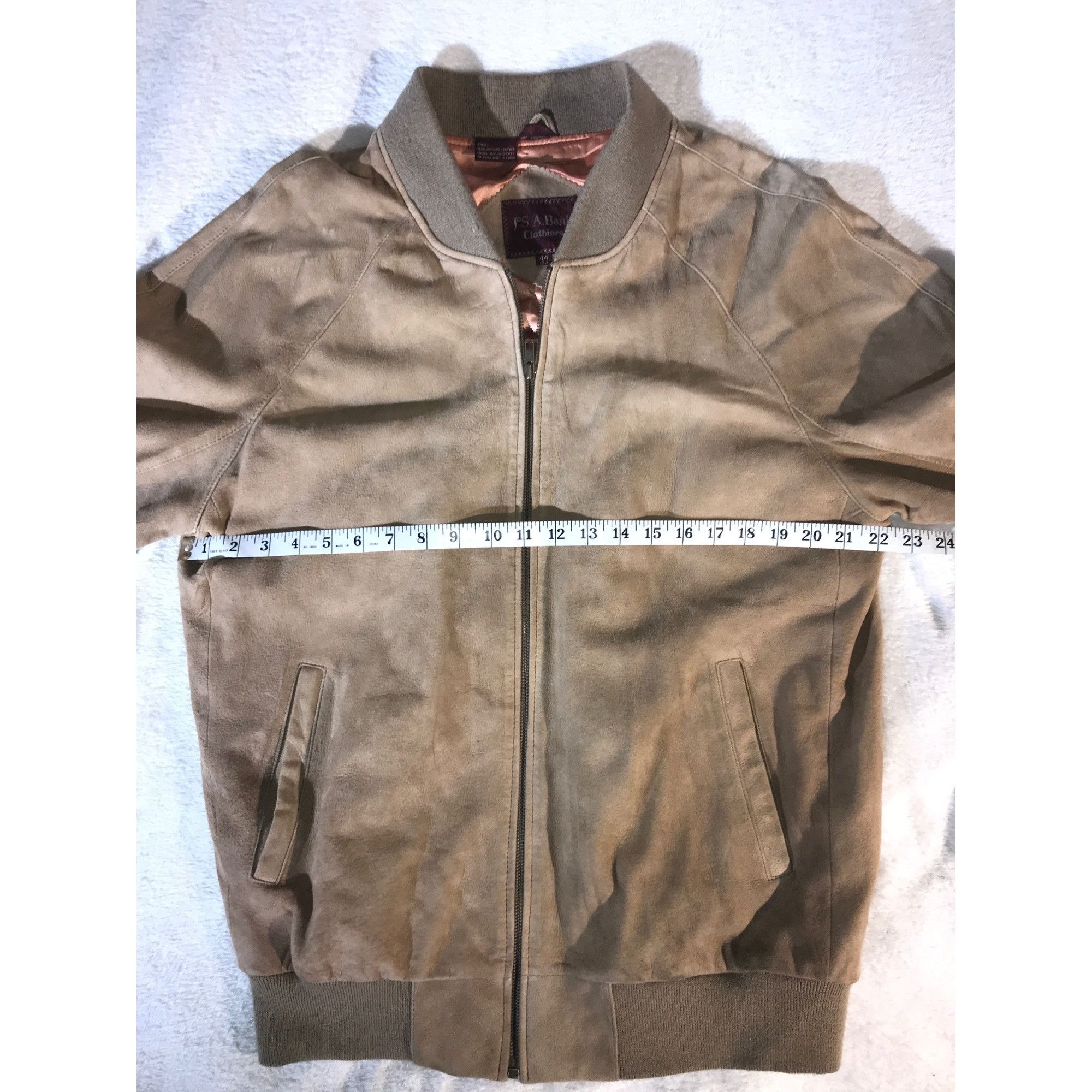 Vintage Jos. A Bank Men's Vintage Beige Suede Full Zip Bomber Jacket Size US L / EU 52-54 / 3 - 5 Thumbnail