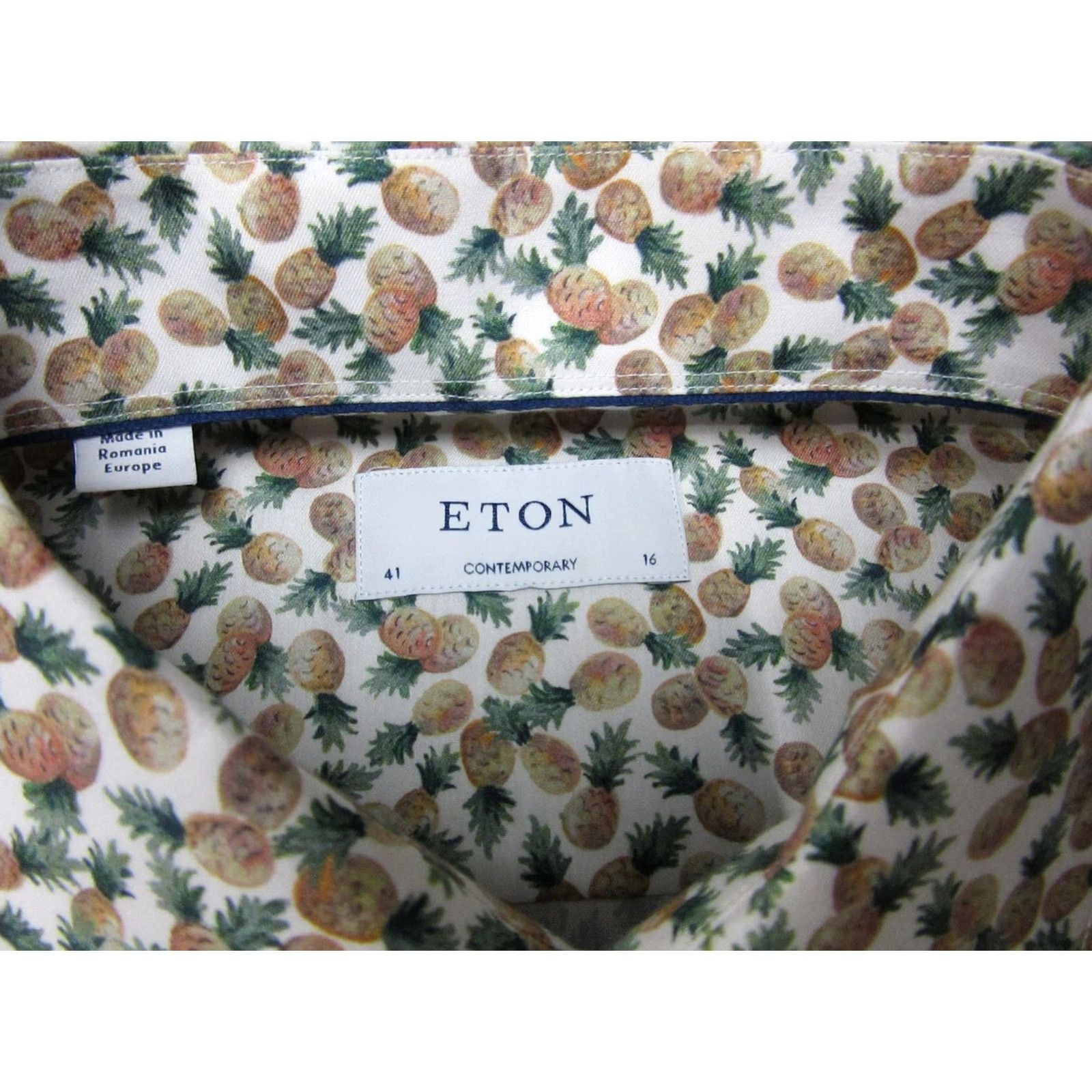 Eton VINTAGE? No — ETON Shirt Mens 16 Large Pineapple All Over Print Short Sleeve Contemporary White Cotton Slim Designer Shirt Size US L / EU 52-54 / 3 - 3 Thumbnail