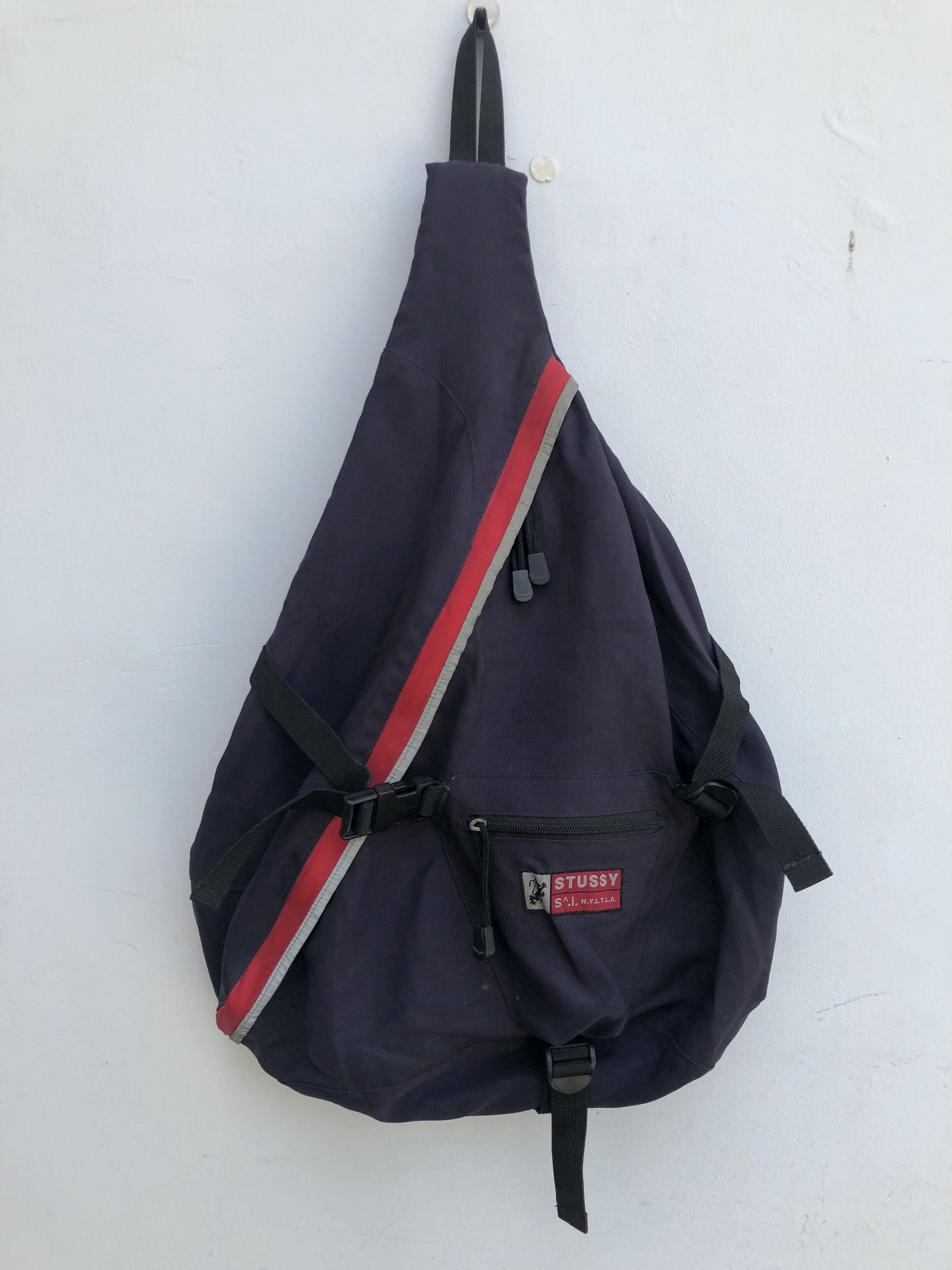 image of 90's Stussy Tri Harness Crossbody Bag Reflective in Navy, Men's