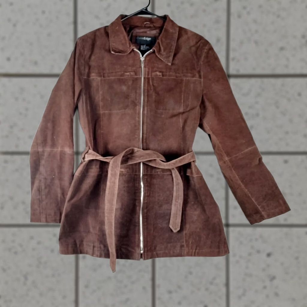 Vintage Outer Edge Women Leather Zip Jacket Brown L Regular Long Sleeve Mid-Length Casual Fall Winter Spring Coat Shirt? Size L / US 10 / IT 46 - 1 Thumbnail