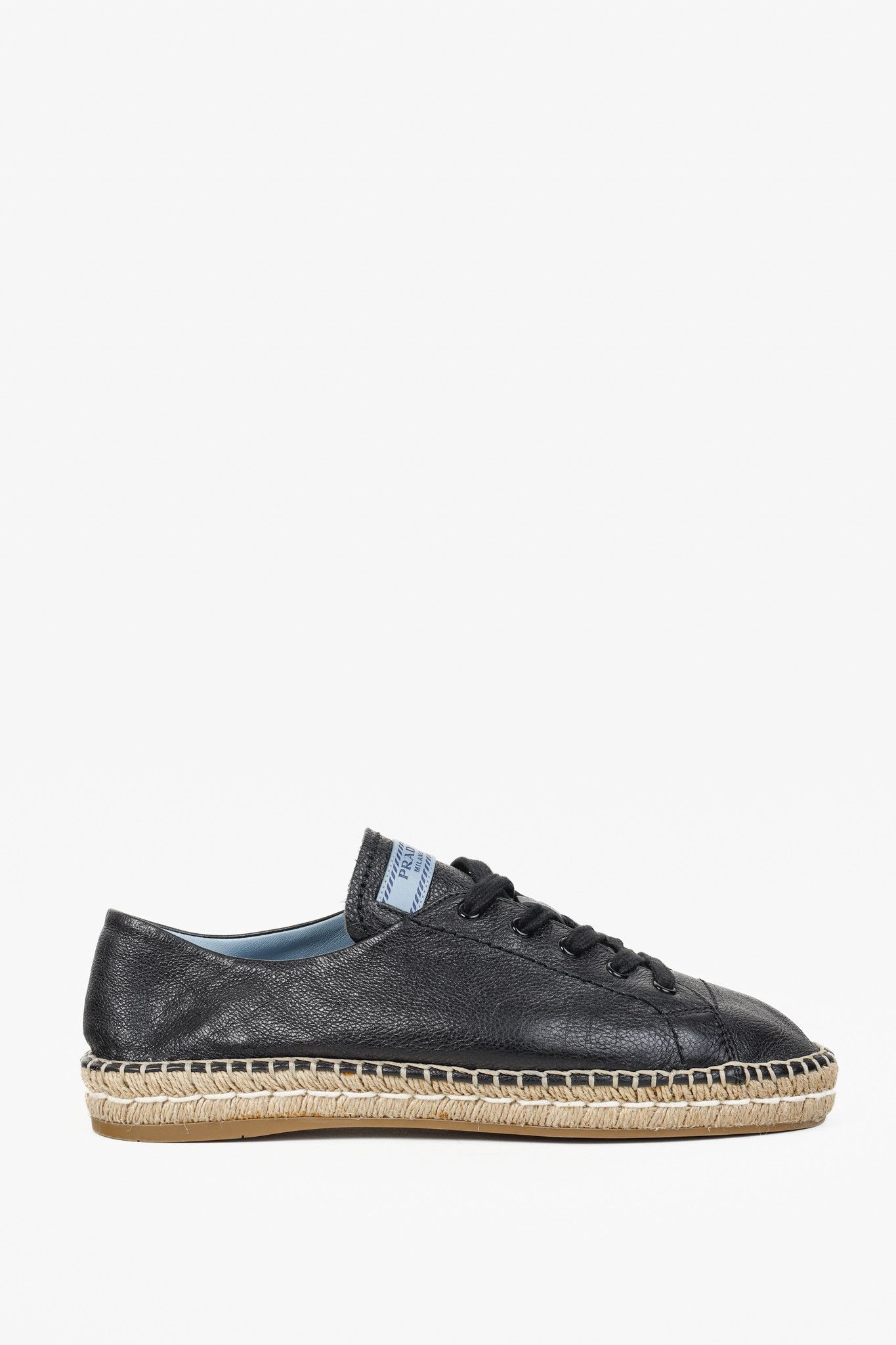 Prada Prada Black Leather Blue Tab Double Jute Platform Espadrille Size US 11 / IT 41 - 1 Thumbnail