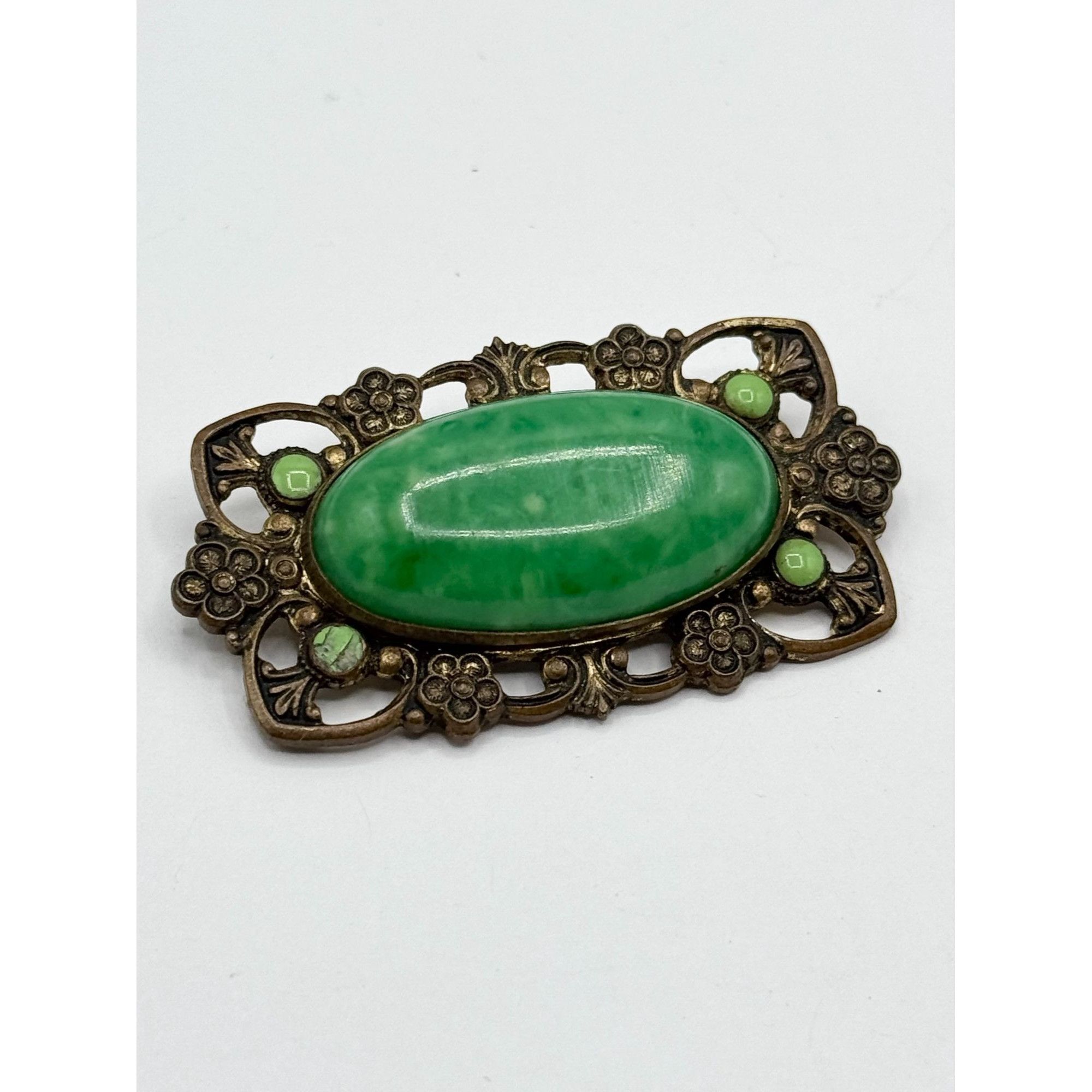 Vintage Vintage 1930's Oval Green Celluloid Floral Pin Brooch Size ONE SIZE - 1 Thumbnail