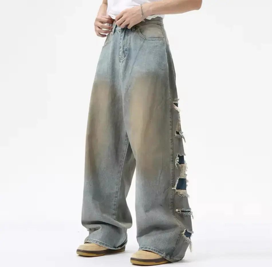 Japanese Brand Streetwear Distressed Hole Loose Straight Jeans y2k Size US 32 / EU 48 - 2 Thumbnail