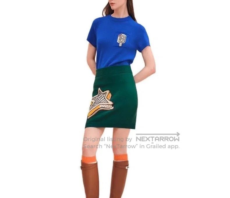 Hermes Cashmere Short Skirt Dark Green Star Pattern