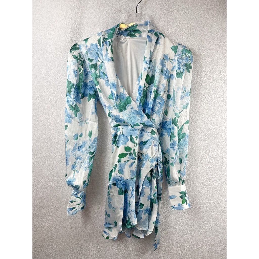 Designer NWT Line & Dot Floral Wrap Dress XS Blue White Size XS / US 0-2 / IT 36-38 - 4 Thumbnail