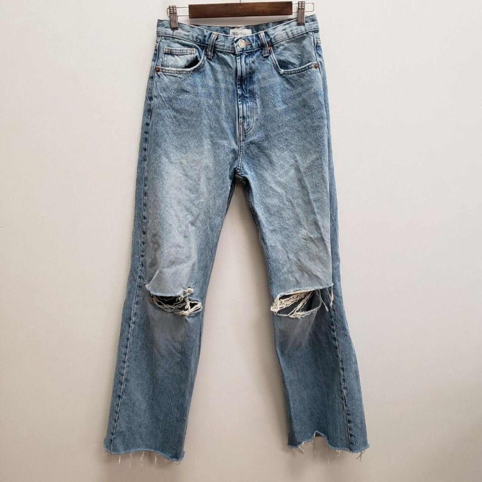 Zara Zara Light Blue Distressed Wide Leg Jeans Size 28" / US 6 / IT 42 - 1 Thumbnail