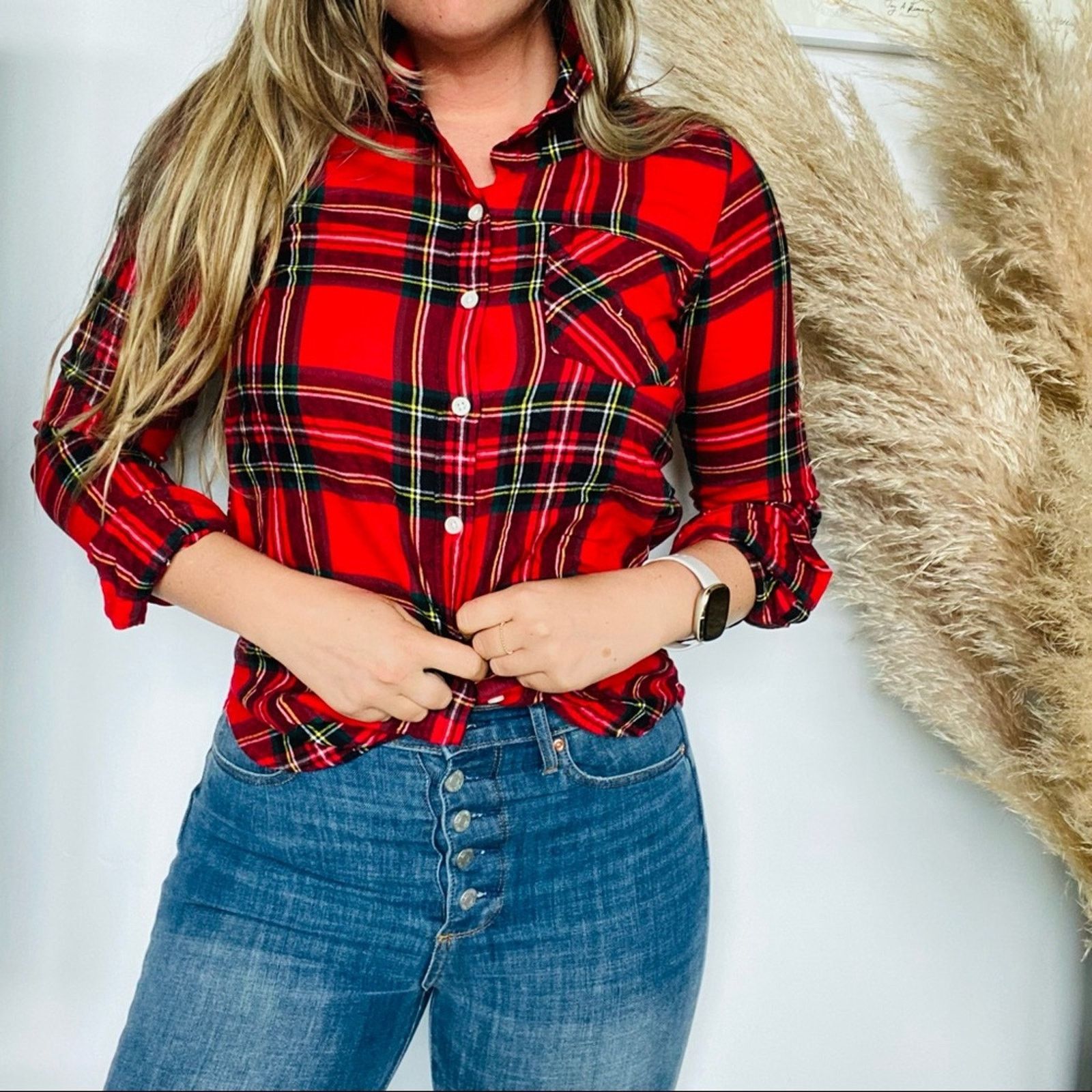 Old Navy OLD NAVY Red White Green Plaid Flannel Button Shirt Top Size S / US 4 / IT 40 - 2 Thumbnail