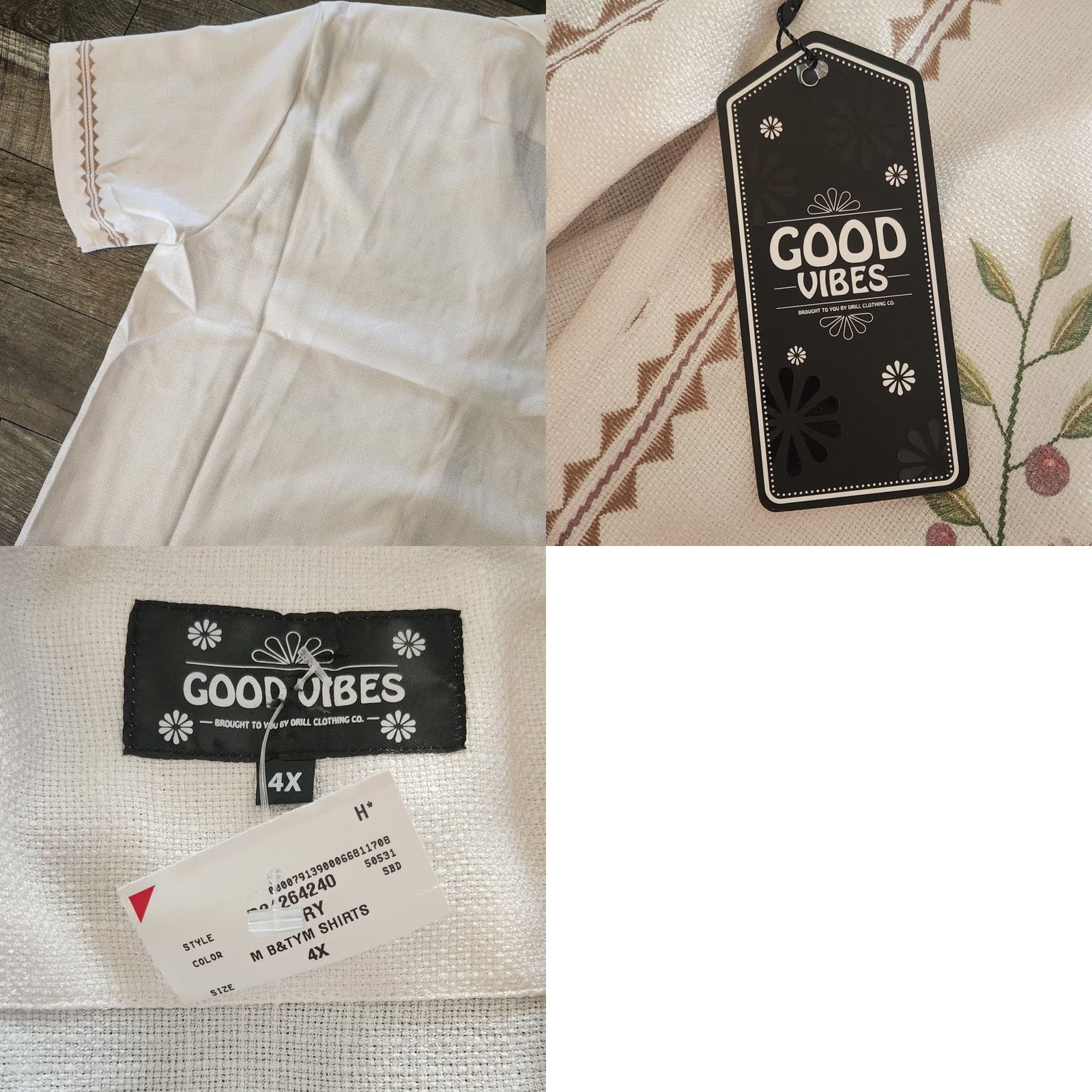 Vintage Good Vibes Mens Button-Up Hawaiian Shirt 4XL Ivory Textured Beach Short Sleeve Collared Embroidered Size US XXL / EU 58 / 5 - 9 Thumbnail
