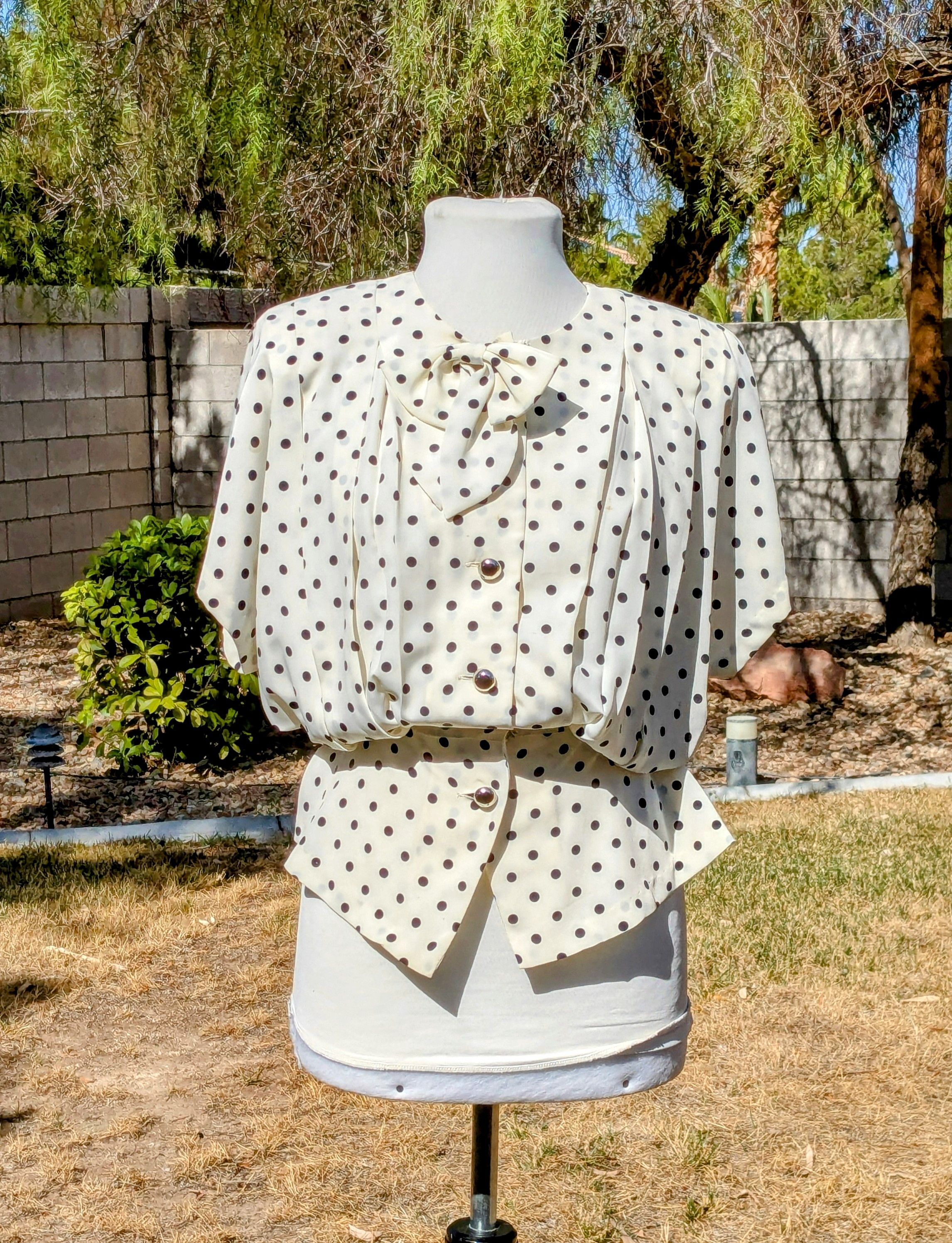 Vintage 1980 Original Fashion Retro Polka Dot 2pc Blouse & Skirt Set Size M / US 6-8 / IT 42-44 - 5 Thumbnail