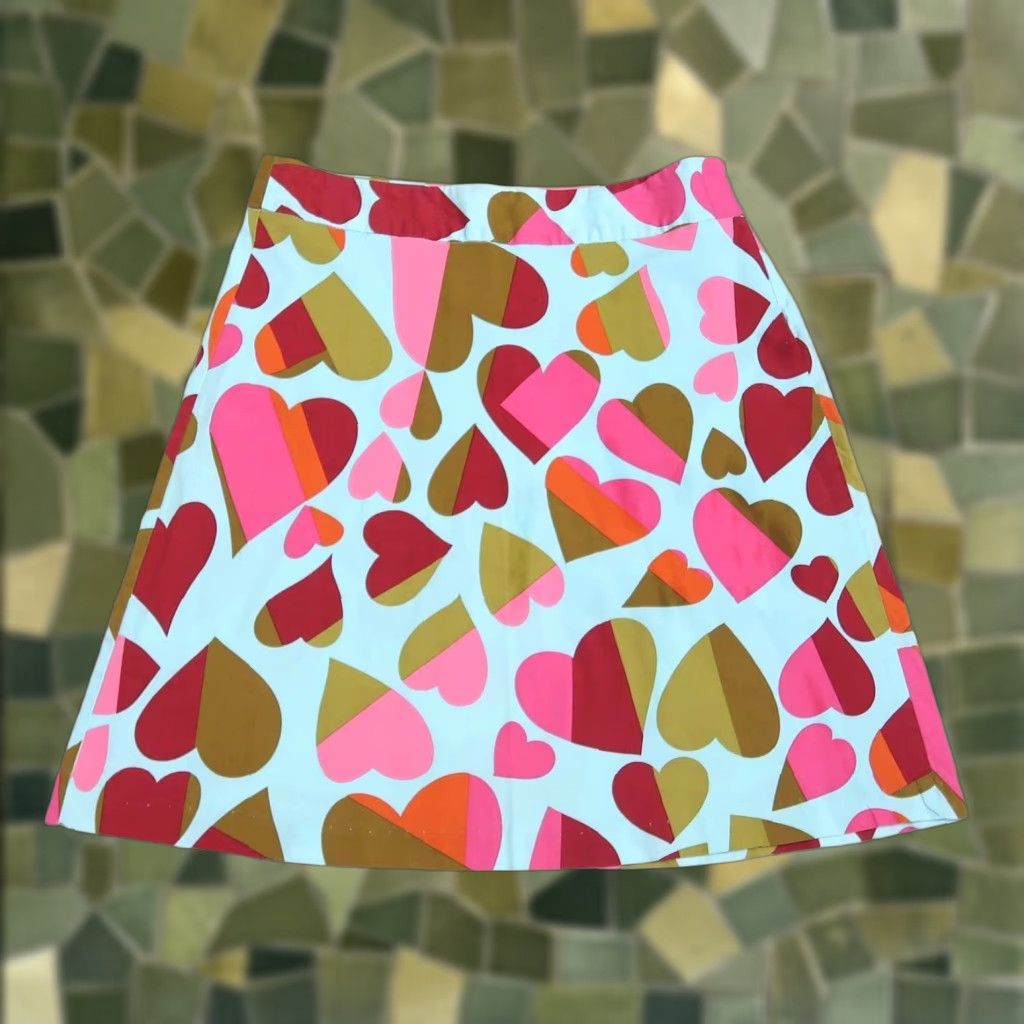 Vintage VINTAGE 90s Cotton Mini Skirt M Adults Casual Heart Print Violet Light Blue Pink Olive Green Aline High Rise Side Zipper Womens? Size 30" / US 8 / IT 44 - 1 Thumbnail