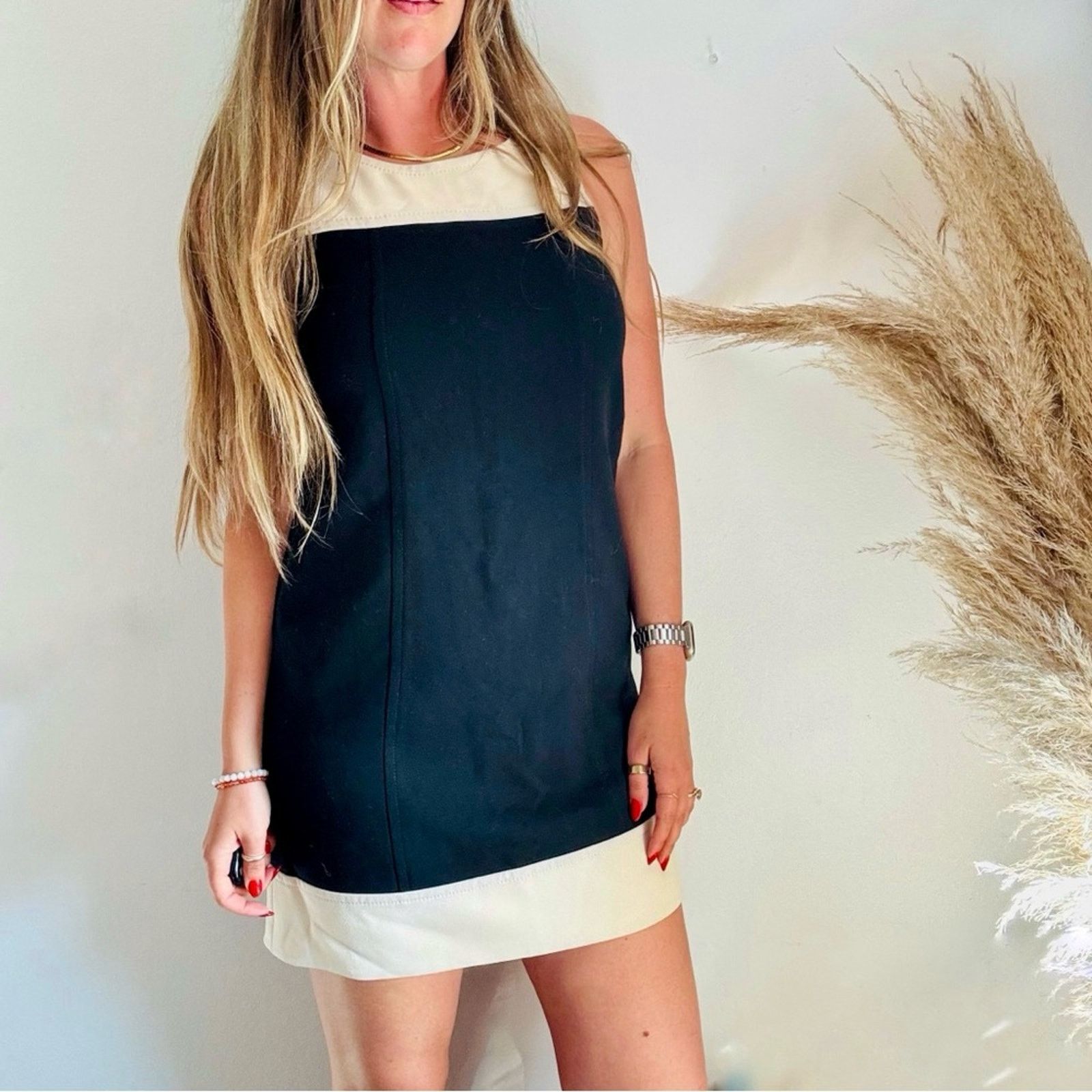 ANN TAYLOR LOFT Cream Black Color Block $128 Mini Tank Dress