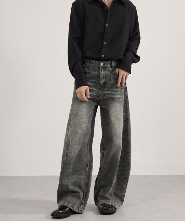 American street style washed distressed men's curved jeans