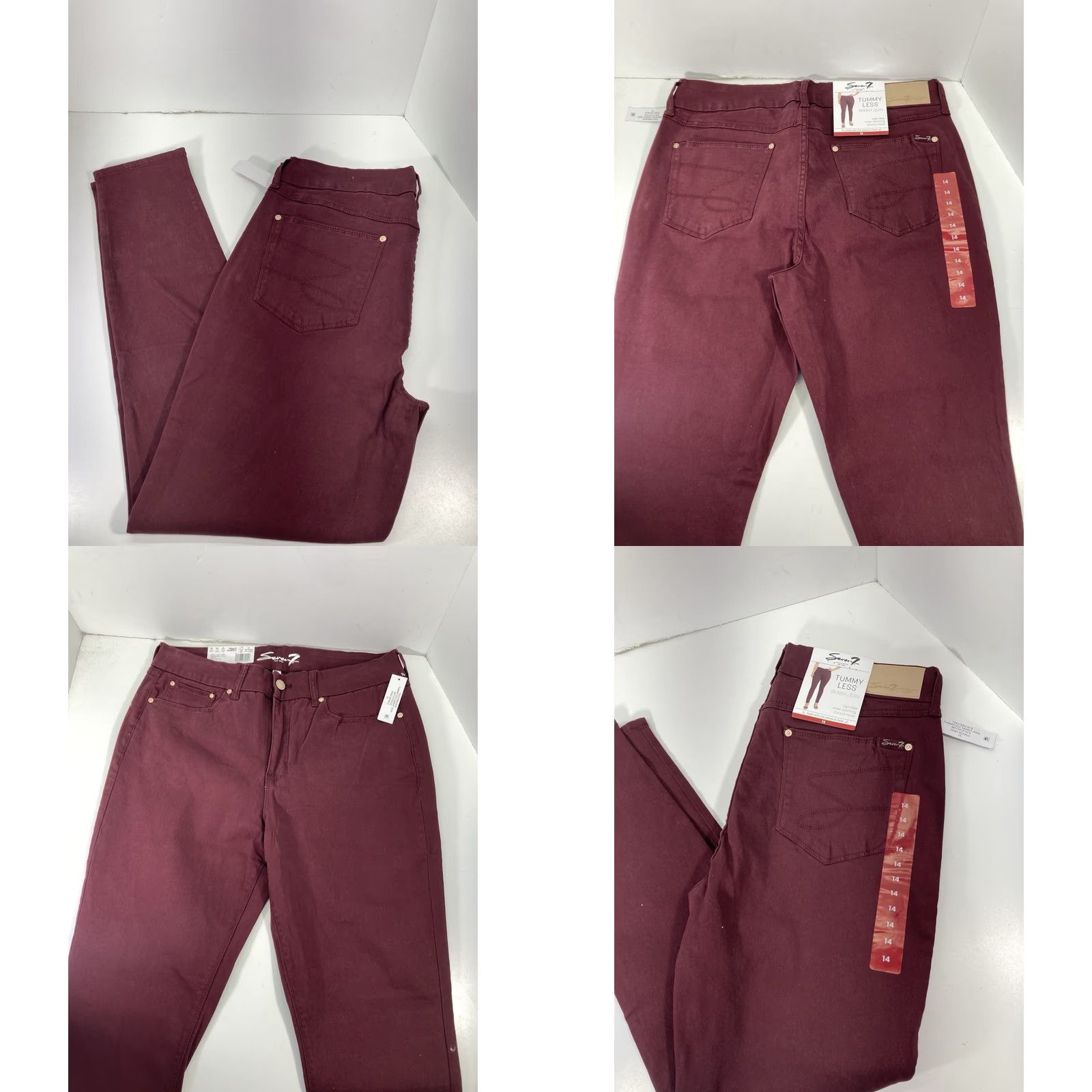 Vintage Seven7 Tummy Less Skinny Jeans Women 14 32X31 Maroon Denim High Rise Stretch NWT Jeans Women Size 36" / US 14 / IT 50 - 8 Thumbnail