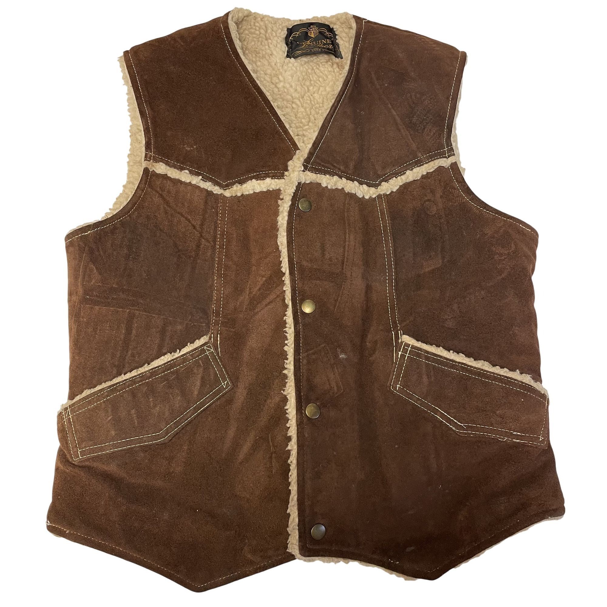 Vtg HEAVY Suede Cowboy Western Waistcoat Sherpa Snap Vest