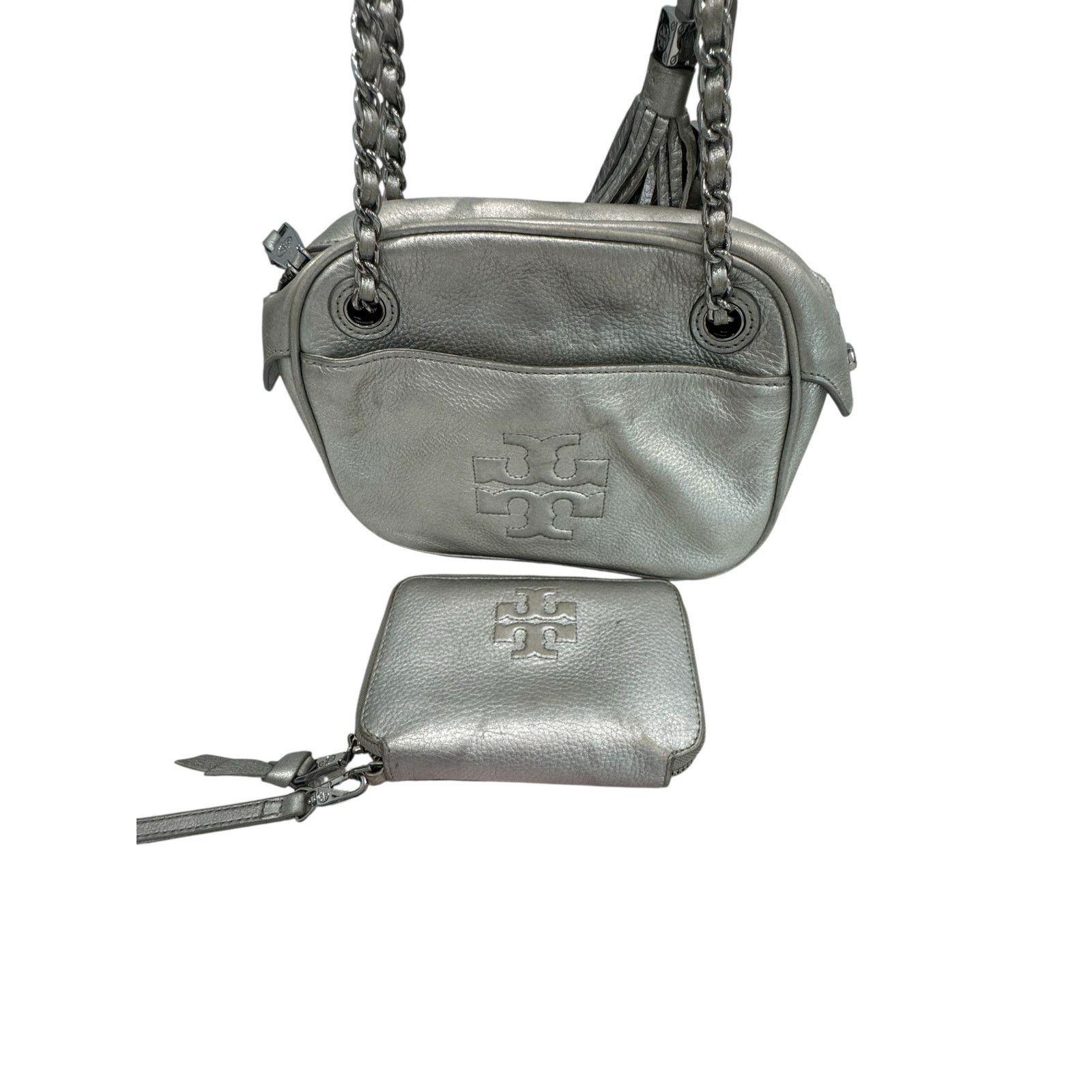 Tory Burch Tory Burch Silver Pebbled Leather Crossbody + Wallet Set Size ONE SIZE - 2 Thumbnail