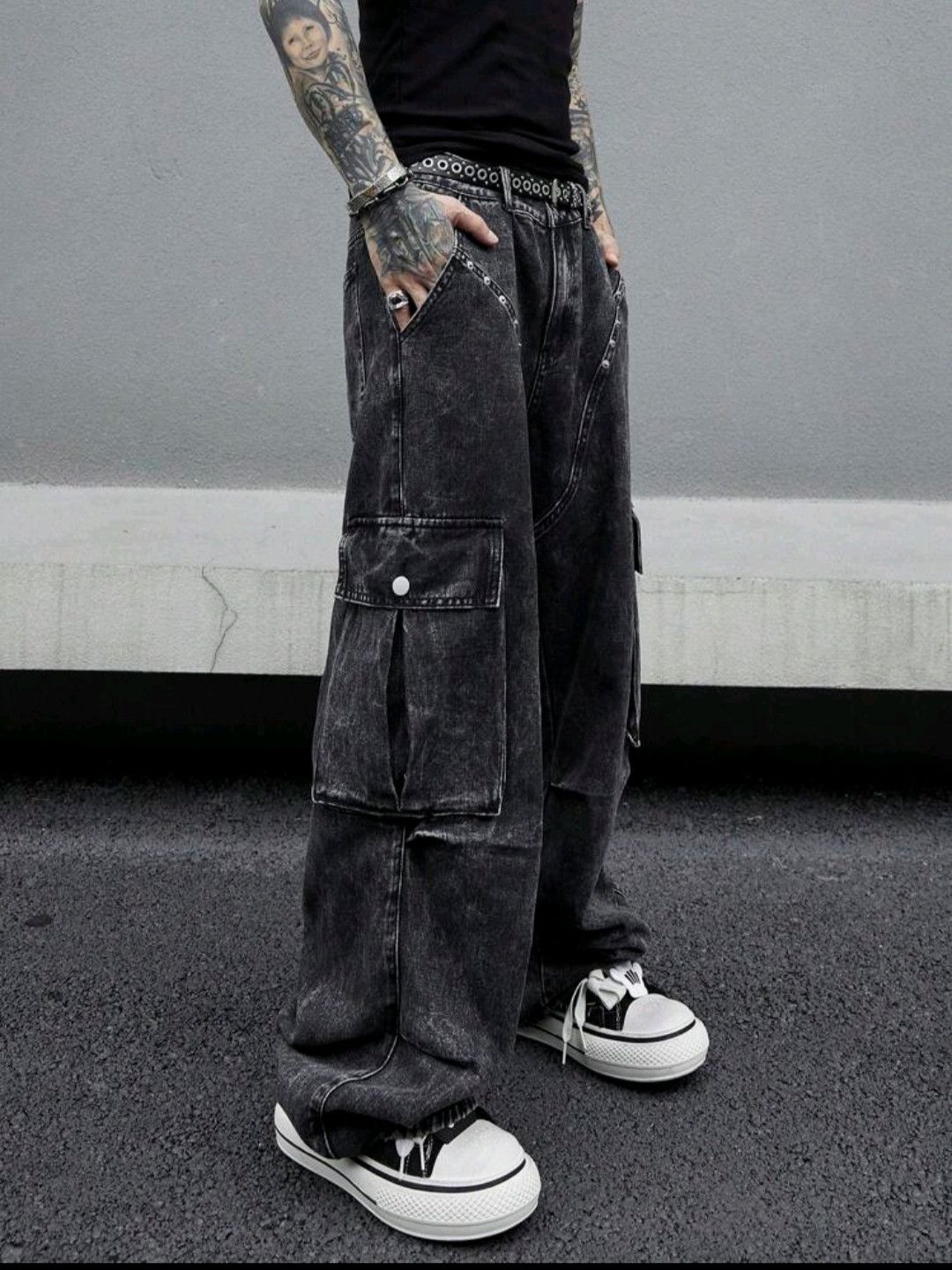 Japanese Brand × Jean Casual Flap Pocket Side Black Cargo Jeans sh Size US 35 - 3 Thumbnail