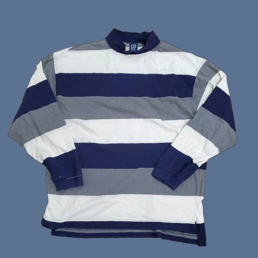 VINTAGE Gap Rugby Shirt Sweatshirt 90s Striped Multicolor Logo USA Made Men L Knit Cotton Pullover Shirt Mens