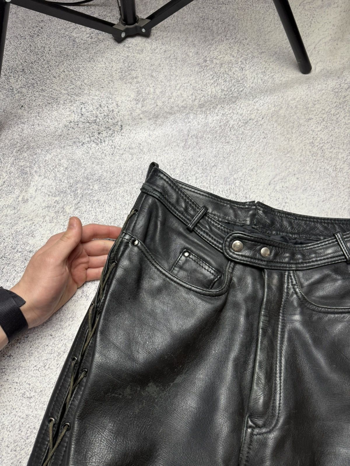 Leather Mens Vintage Biker Leather Pants stripe's Japanese brand y2k Size US 31 - 3 Thumbnail
