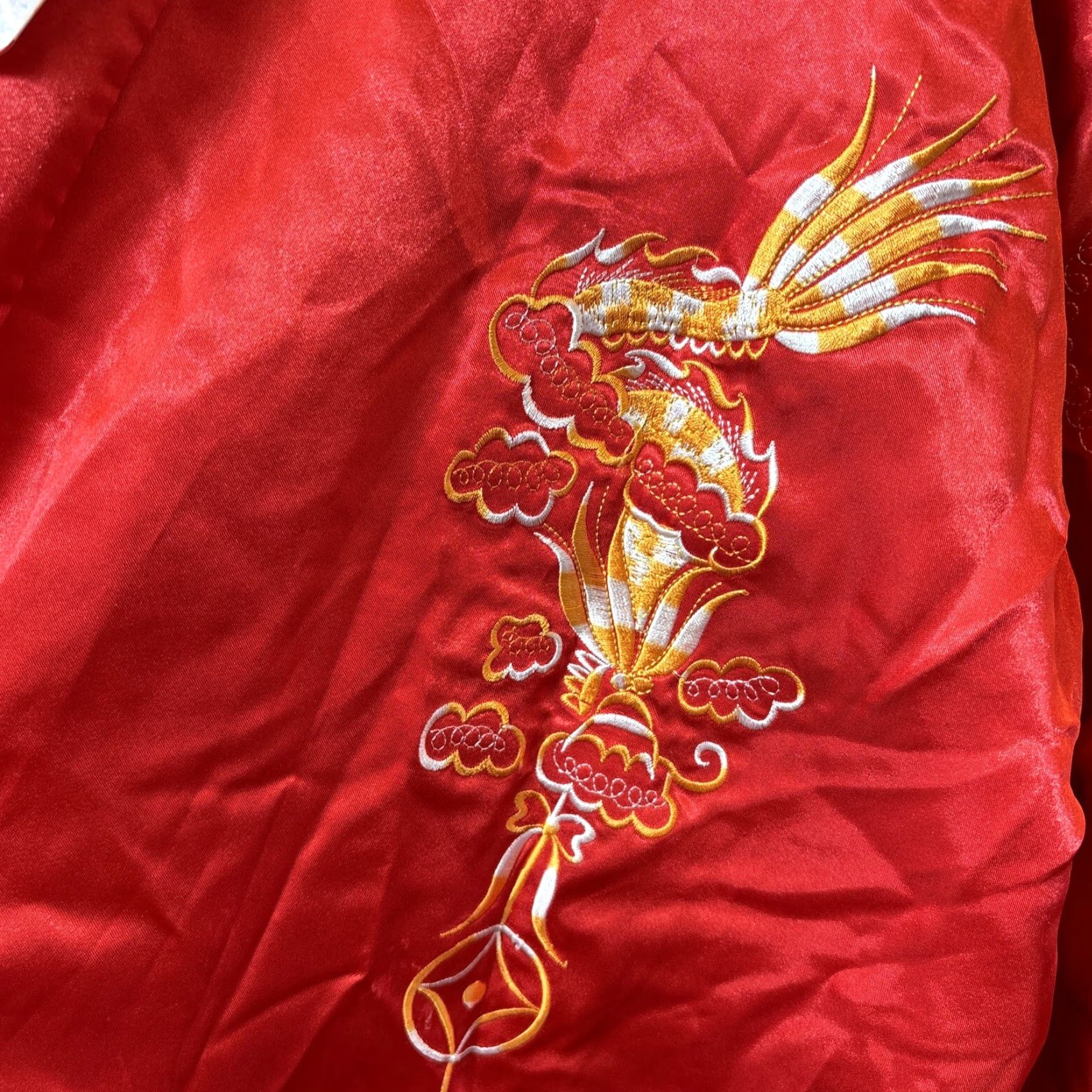 Vintage VINTAGE Unbranded Satin Kimono Robe Red Orange Embroidered Dragon Pockets Lined Open Front XXL Unisex Adults Size ONE SIZE - 4 Thumbnail