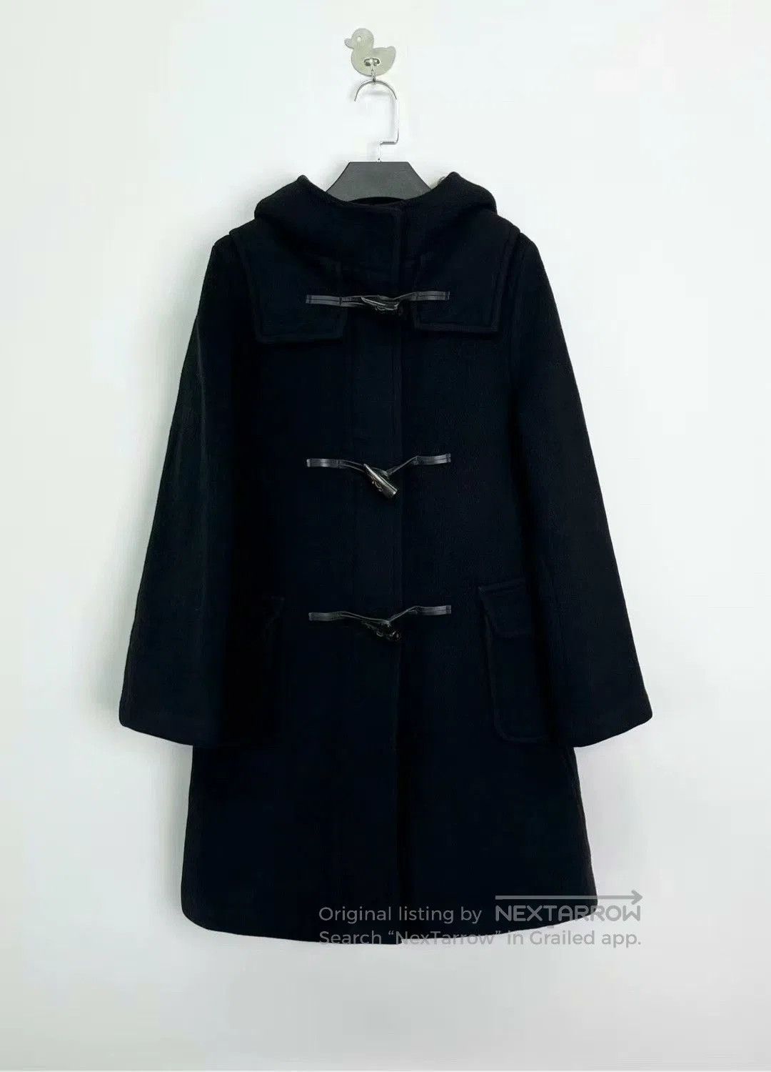 burberry black duffle coat with hood.