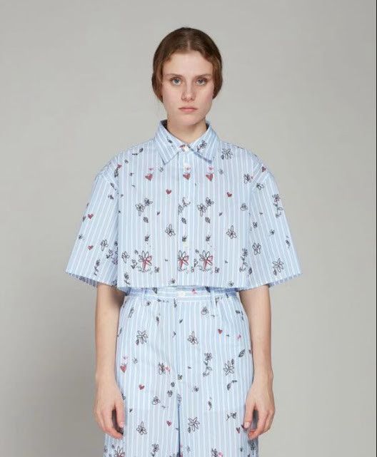 image of Marni O1W1Db10524 Cotton Cropped Shirt In Light Blue, Women's (Size XL)