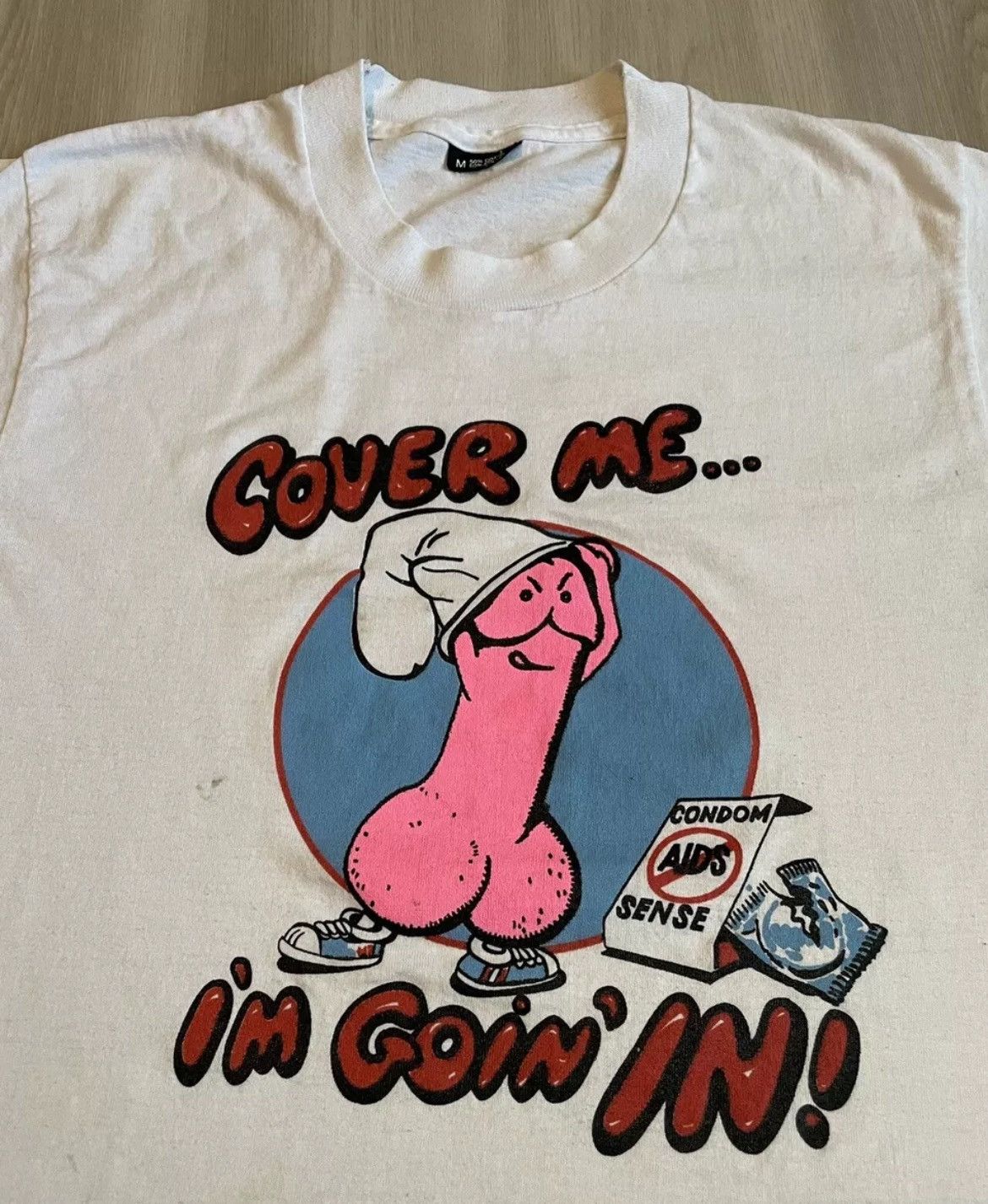 Vintage 80s Cover Me I’m Going In Condom Aids Sex parody humor sz M Size US M / EU 48-50 / 2 - 2 Thumbnail