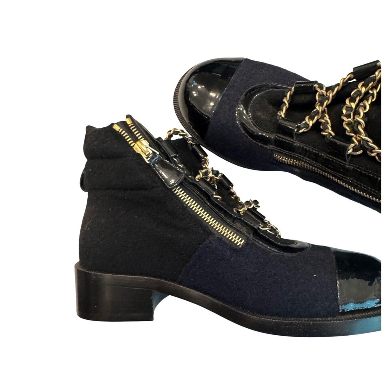 Chanel CHANEL Black Tweed Cap Toe Ankle Boots Gold Chain Size US 7.5 / IT 37.5 - 2 Thumbnail