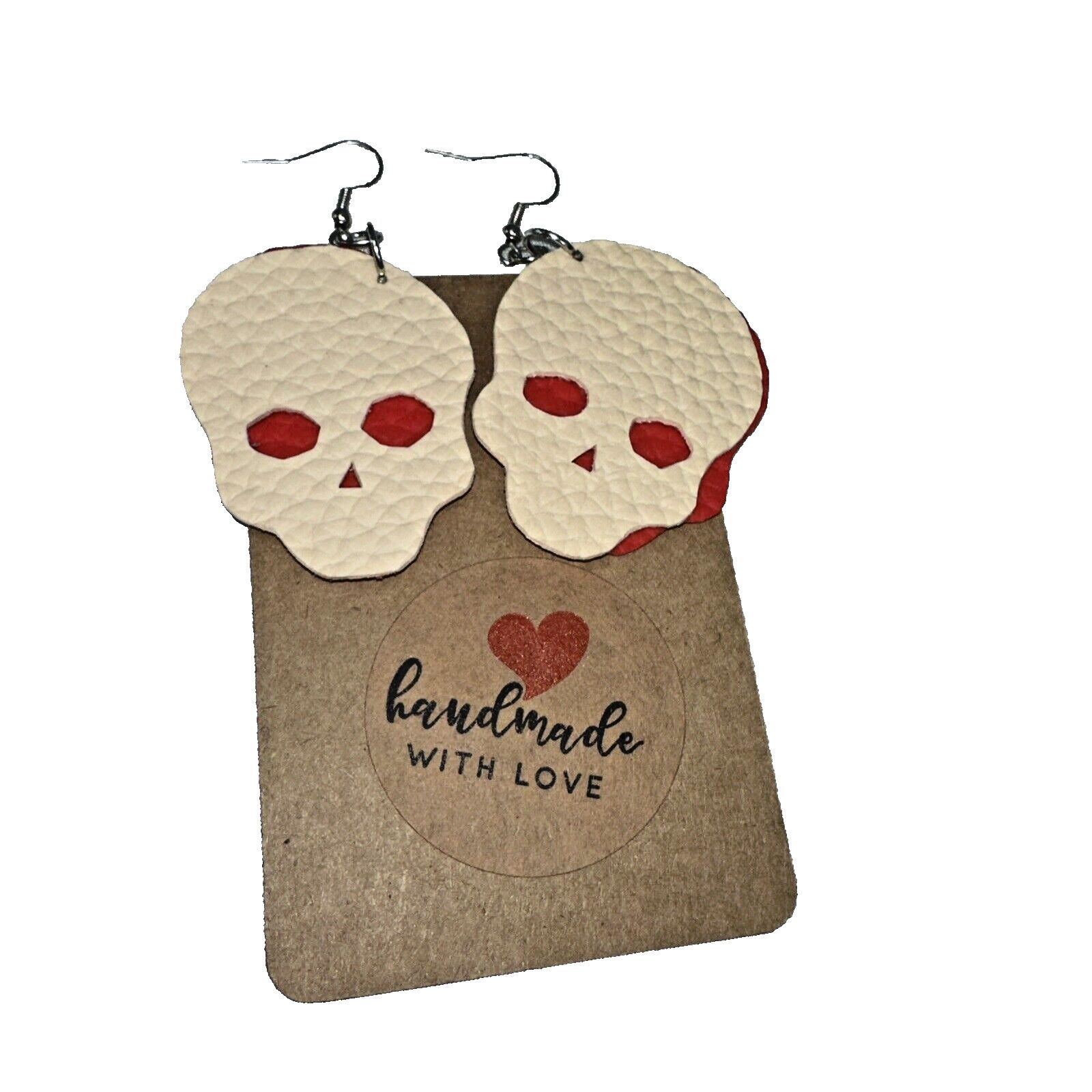 Handmade Hand-Made Halloween Skull Red White Pleather Hook Earrings Size ONE SIZE - 4 Thumbnail