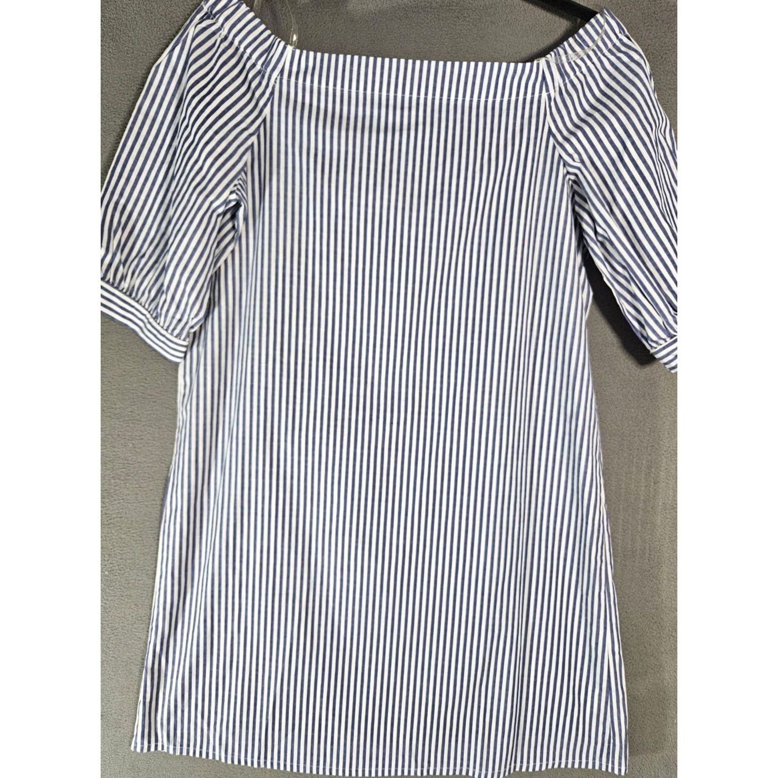 Vintage Do + Be Mini Dress Womens Small Blue Pinstripe Off The Shoulders Shift Half Slee Size S / US 4 / IT 40 - 2 Thumbnail