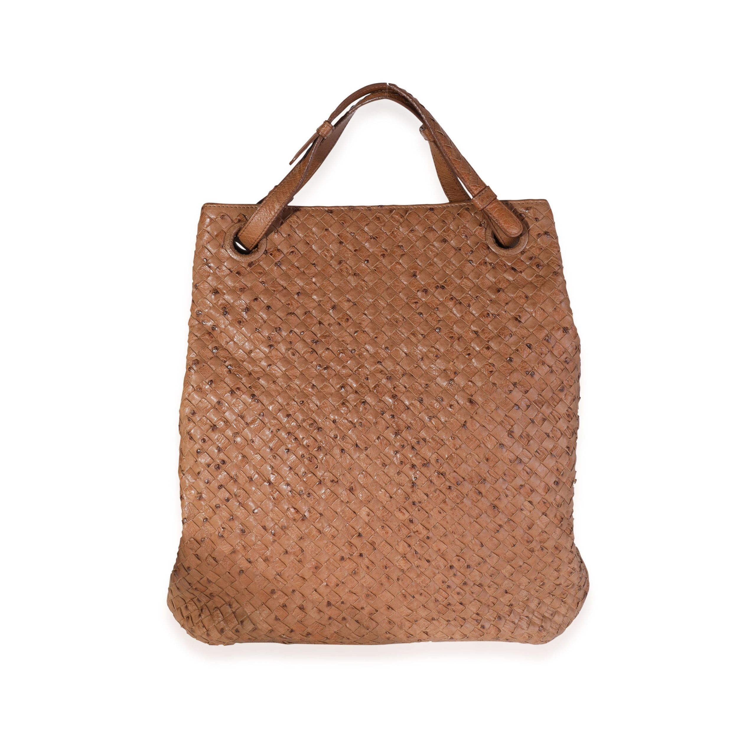 image of Bottega Veneta Tan Ostrich Intrecciato Leather Julie Bag in Beige, Women's