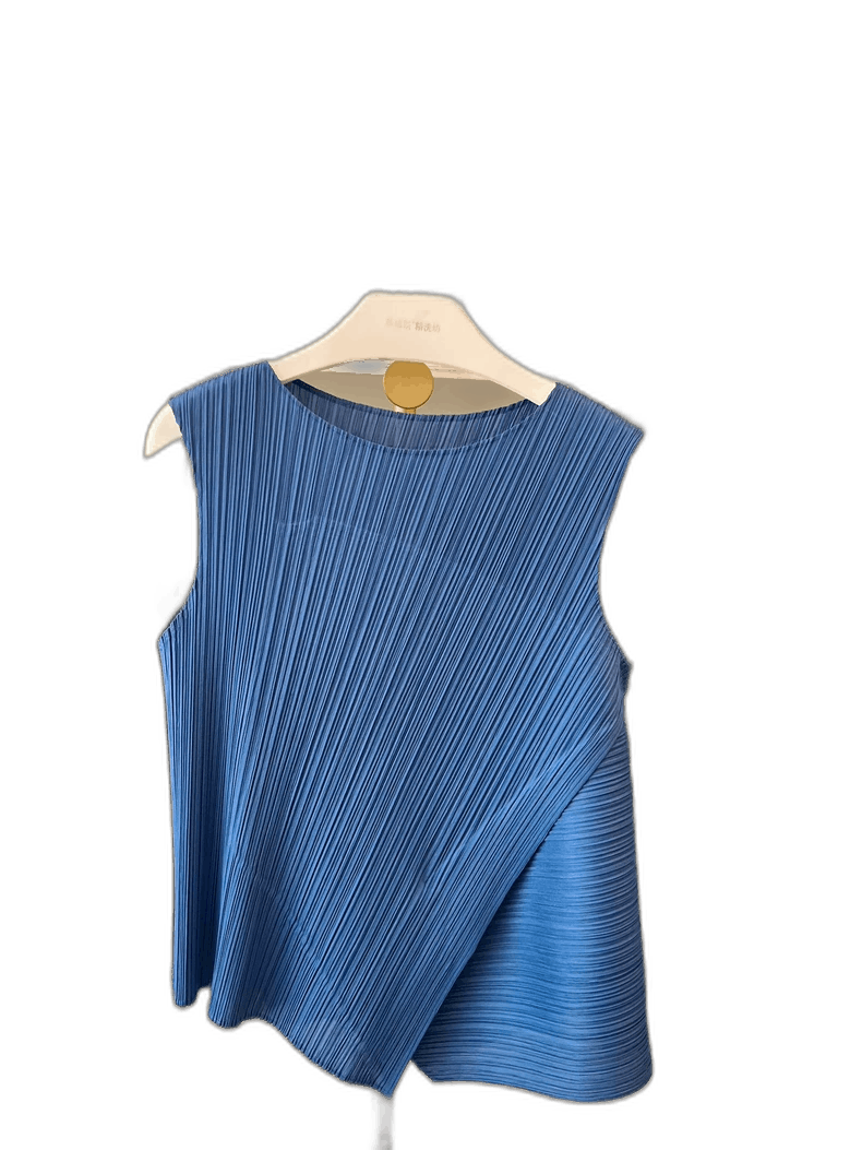 Pleated Blue Short Sleeve Top by Issey Miyake-yf