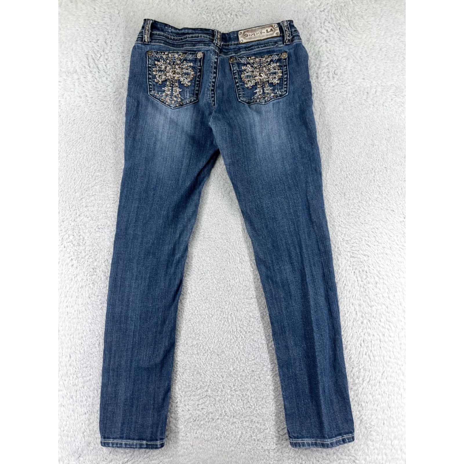 Grace in LA Grace In LA Jeans Womens 11 Blue Denim Low Rise Bling Embroidered Bootcut Stretch Featured Size 32" / US 10 / IT 46 - 2 Thumbnail
